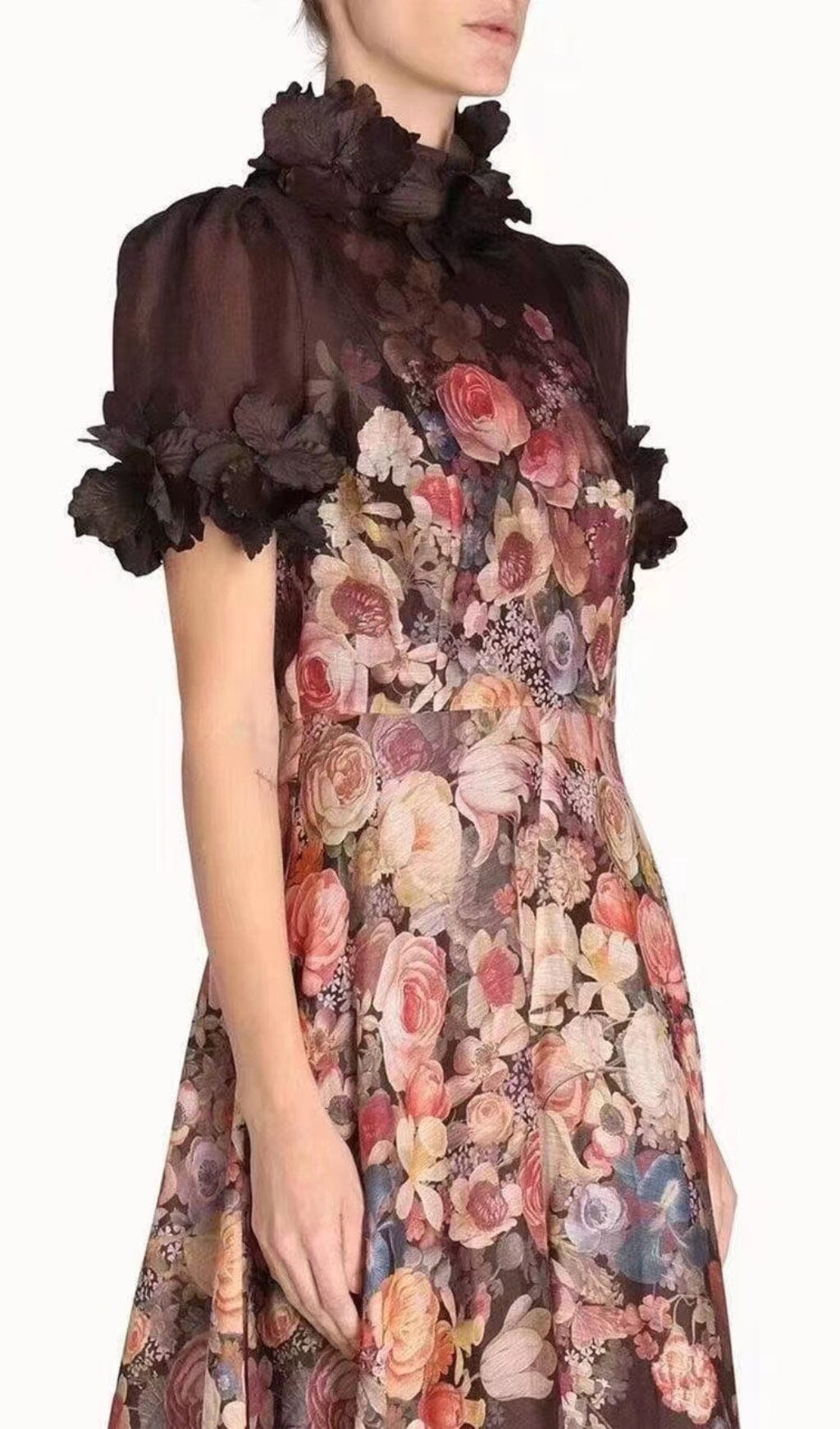 PRINTED FLOWER EMBELLISHED MIDI DRESS