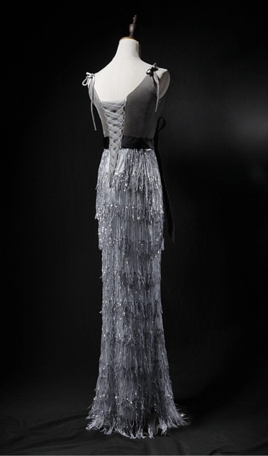 VELVET TASSEL SEXY TIE-DOWN MAXI DRESS IN GREY styleofcb