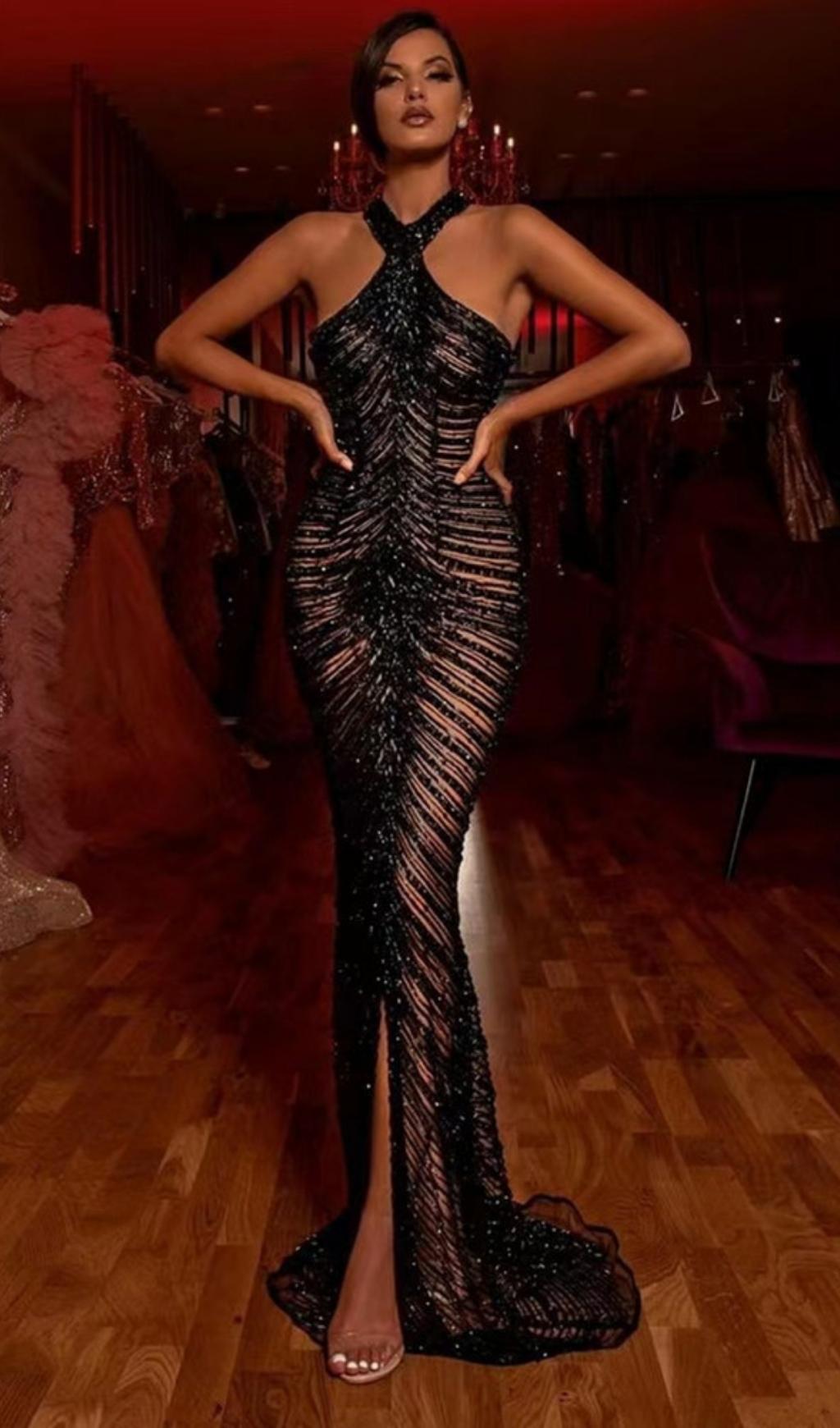 HALTER SEQUIN MAXI DRESS IN BLACK Dresses styleofcb
