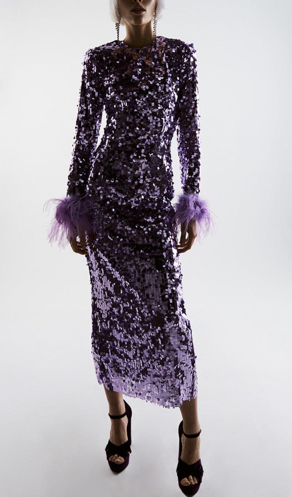 SEQUIN FEATHER LONG SLEEVES MIDI DRESS styleofcb S PURPLE