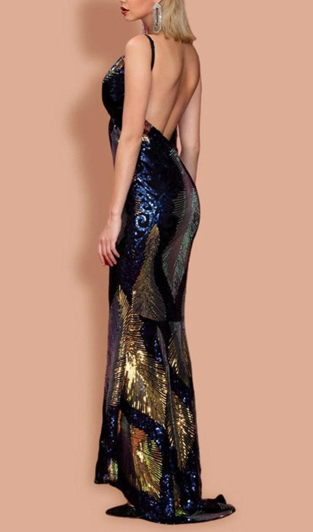 V-NECK SEQUINED BACKLESS DRESS IN DARK BLUE styleofcb