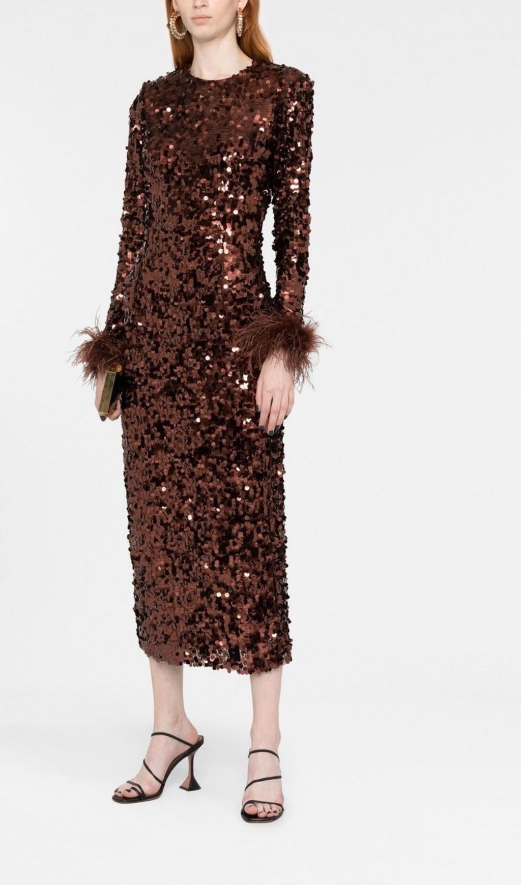 SEQUIN FEATHER LONG SLEEVES MIDI DRESS styleofcb