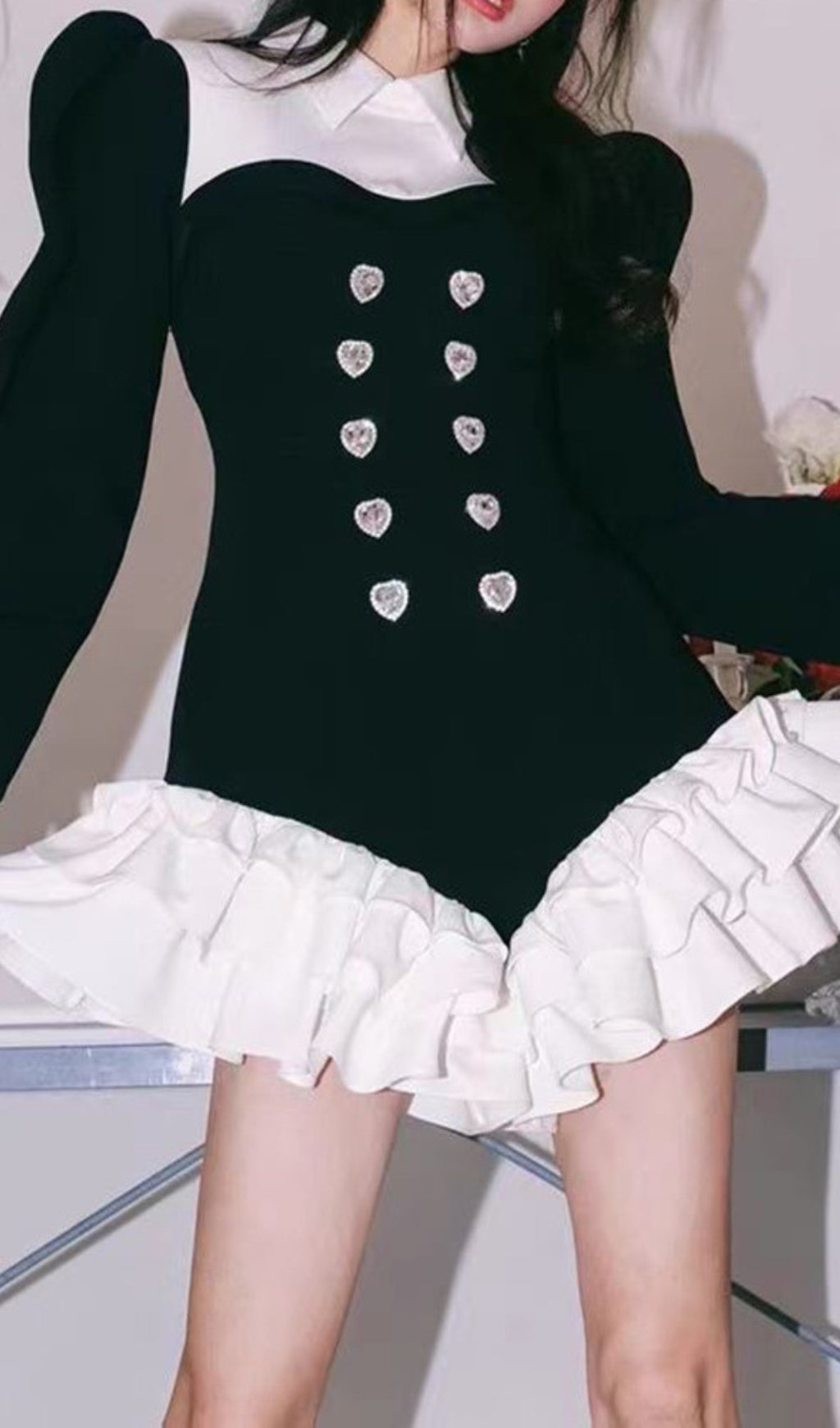 DIAMOND SPLICED COLOR LAPEL TEMPERAMENT RUFFLES DRESS