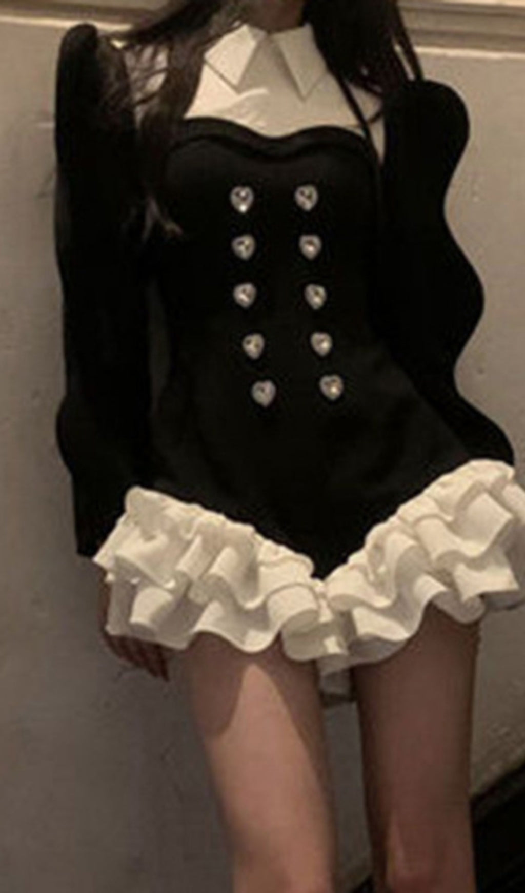 DIAMOND SPLICED COLOR LAPEL TEMPERAMENT RUFFLES DRESS