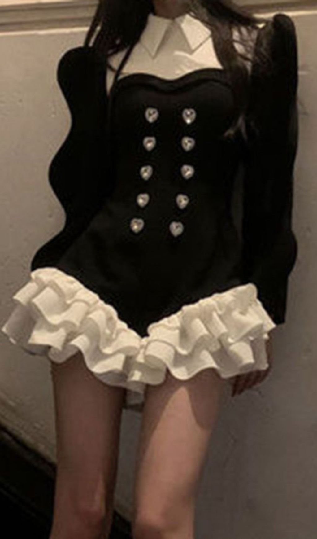 DIAMOND SPLICED COLOR LAPEL TEMPERAMENT RUFFLES DRESS