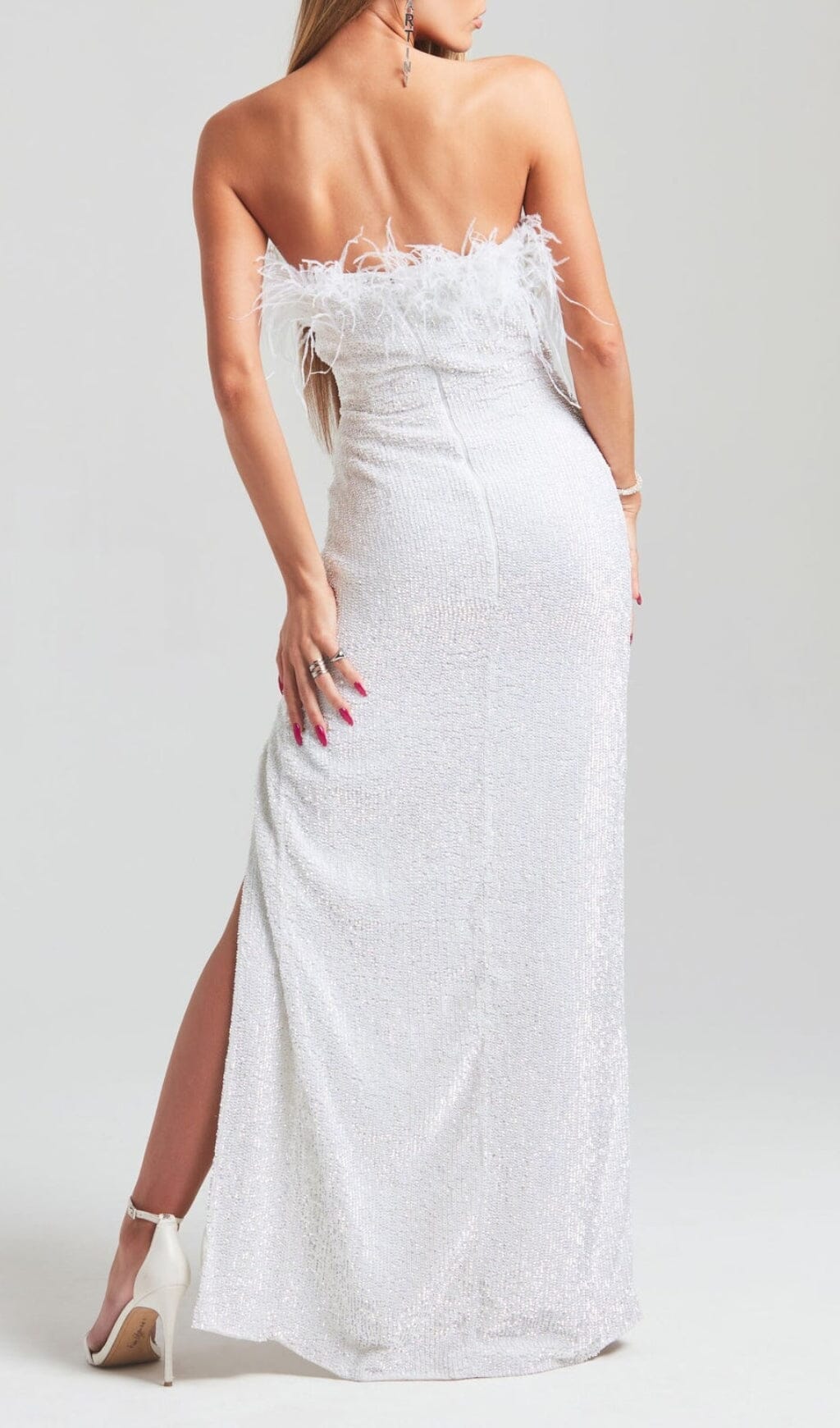 OSTRICH HAIR DECORATIVE BANDEAU MAXIC DRESS IN WHITE styleofcb