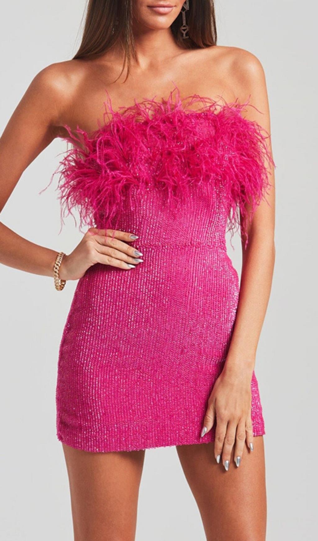 SEQUIN FEATHER STRAPLESS MINI DRESS IN PINK styleofcb