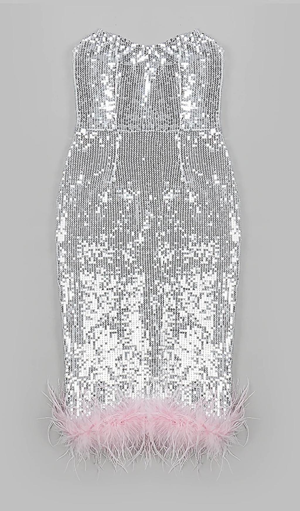 STRAPLESS SEQUIN FEATHER MIDI DRESS IN SILVER Dresses styleofcb