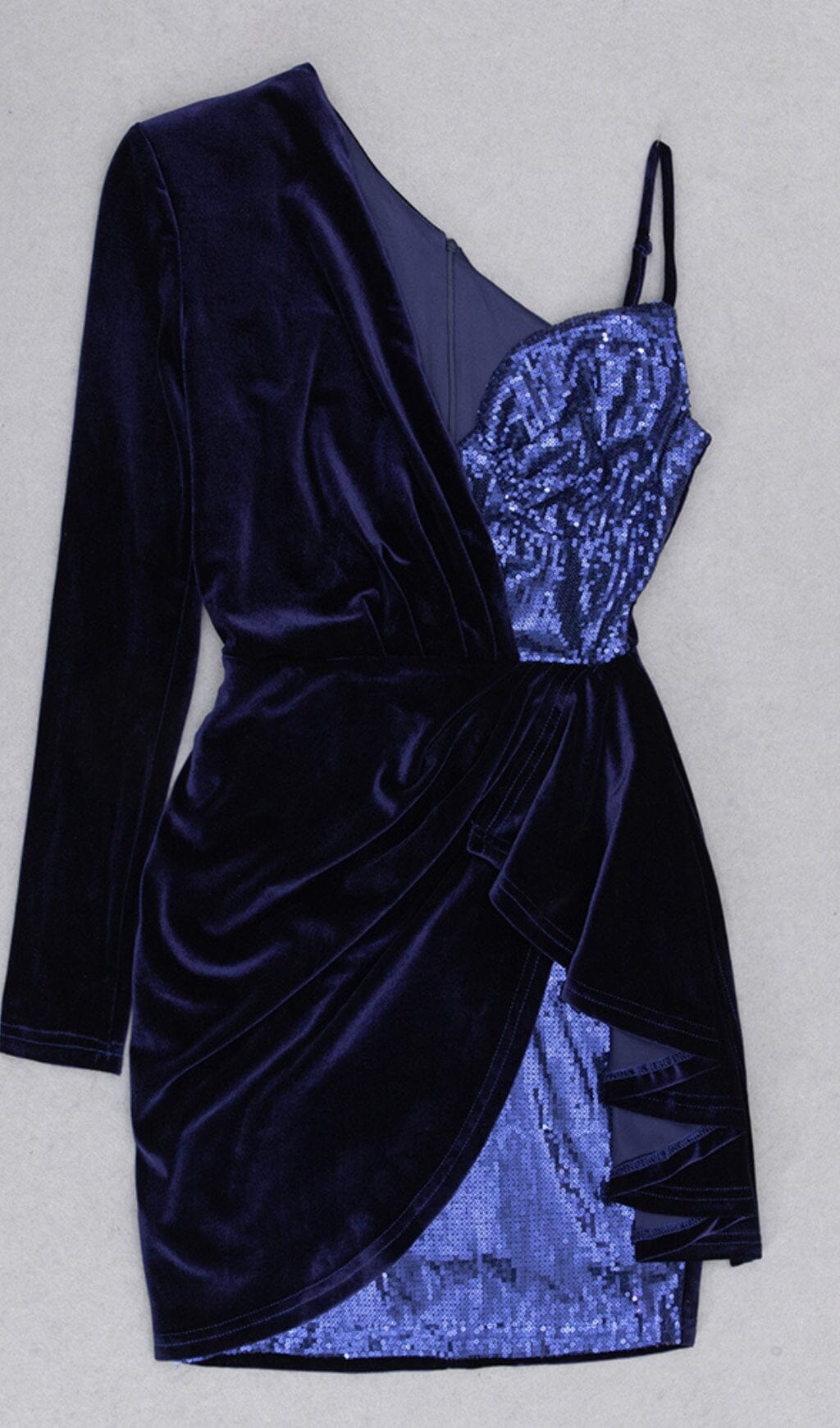 VELVET PLEATED SEQUINED MINI DRESS IN NAVY BLUE Dresses styleofcb