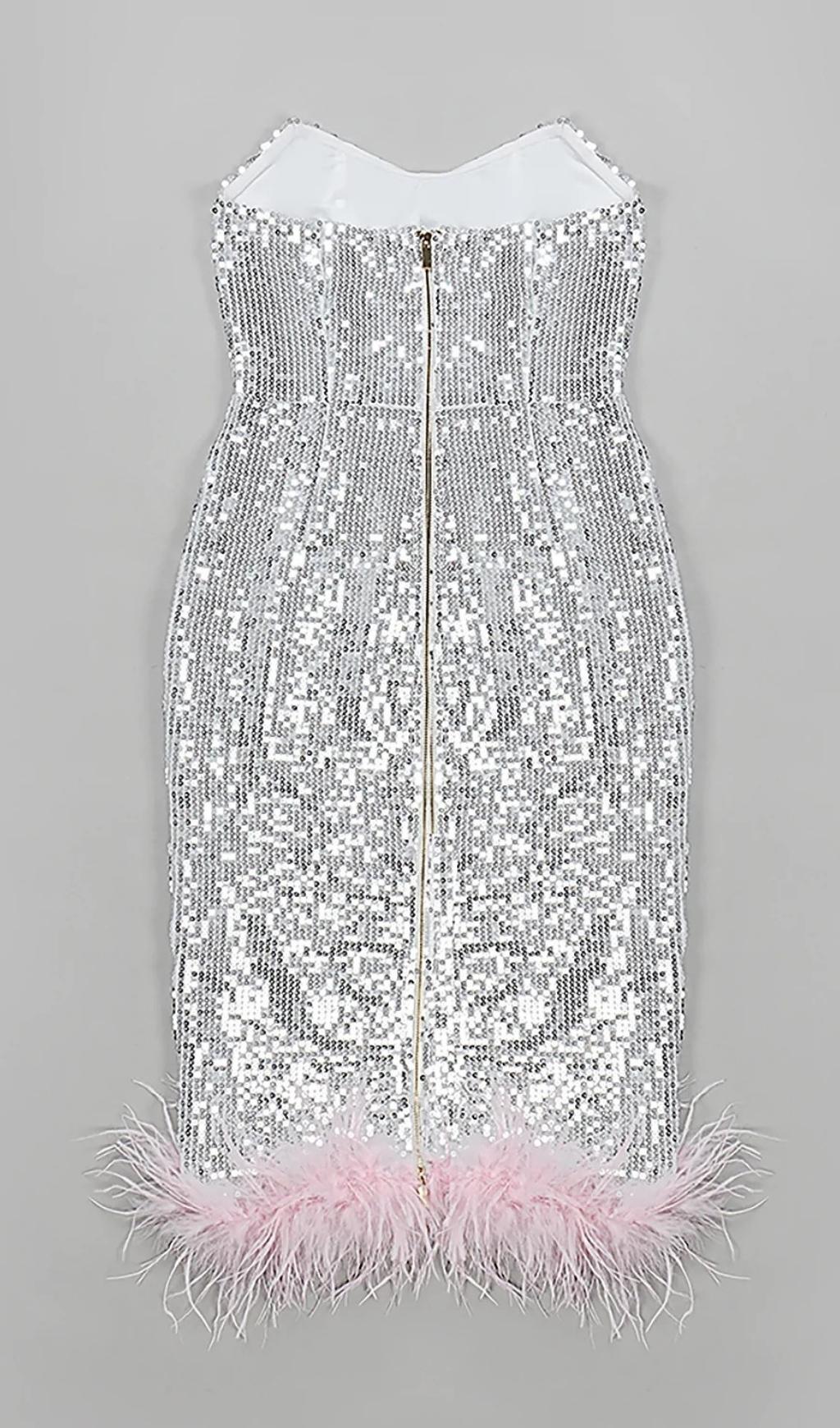STRAPLESS SEQUIN FEATHER MIDI DRESS IN SILVER Dresses styleofcb