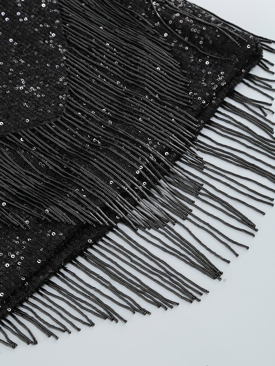 SEQUIN TASSEL BACKLESS MINI DRESS IN BLACK styleofcb