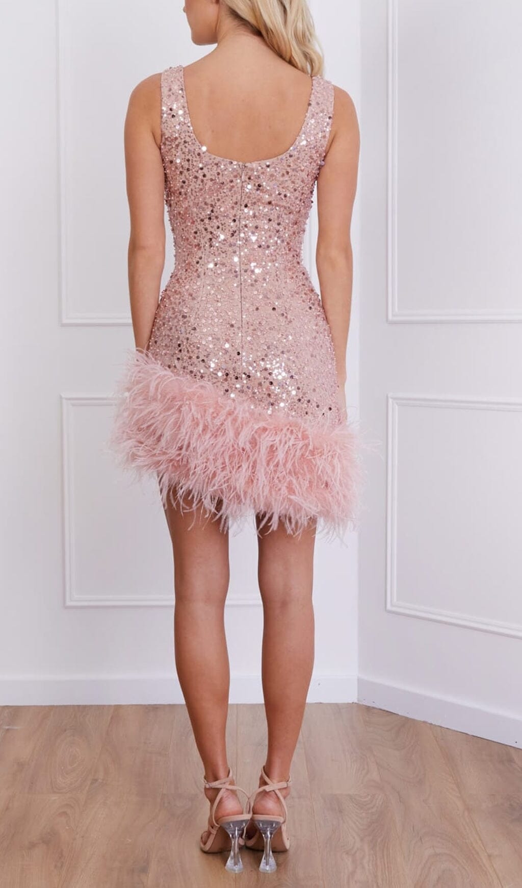 PINK FEATHER SEQUIN DRESS styleofcb