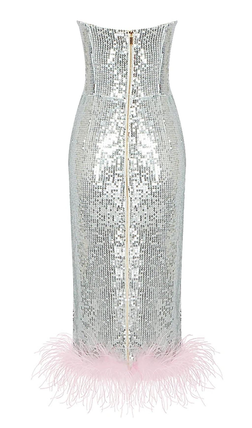 STRAPLESS SEQUIN FEATHER MIDI DRESS IN SILVER Dresses styleofcb
