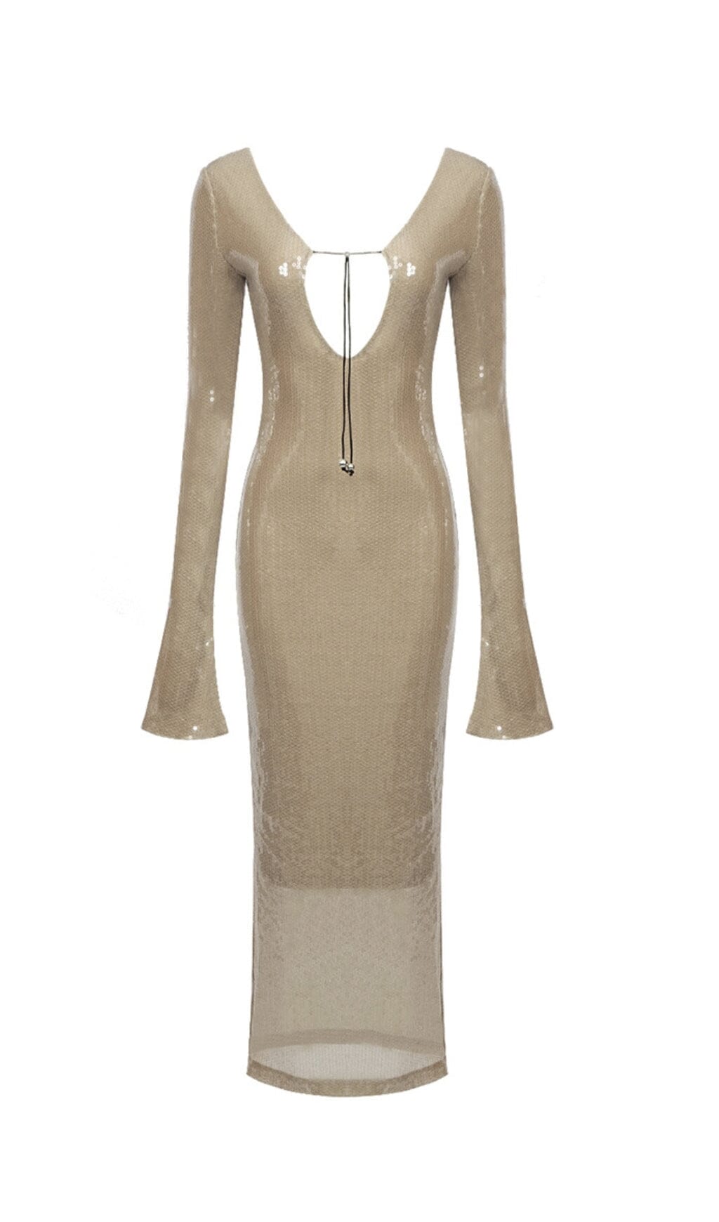 SEQUINED WITH LONG SLEEVES AND BACKLESS DRESS IN KHAKI styleofcb