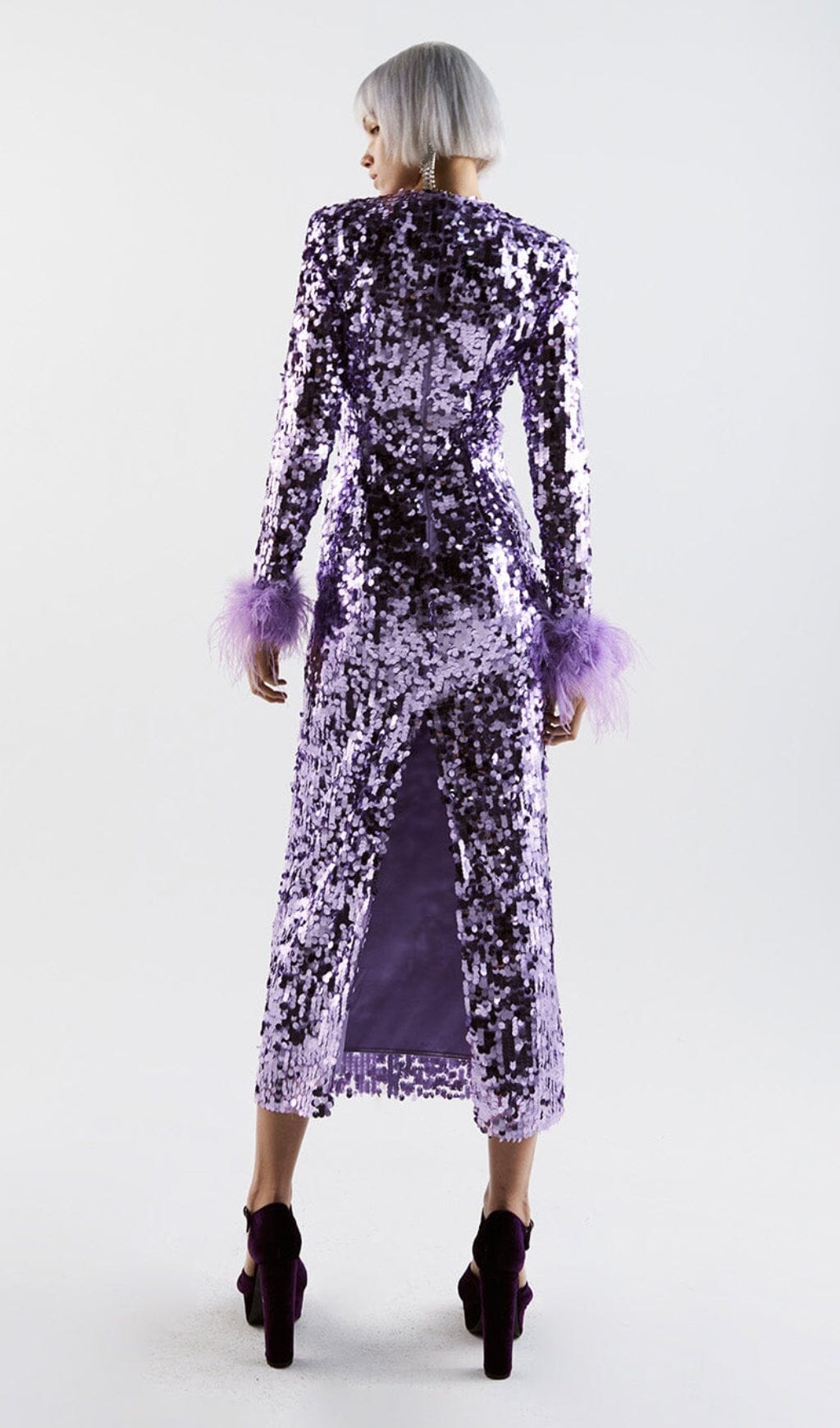SEQUIN FEATHER LONG SLEEVES MIDI DRESS styleofcb