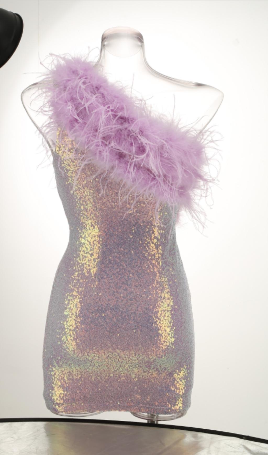 PURPLE ONE SHOULDER SEQUIN FEATHER MINI DRESS Dresses styleofcb
