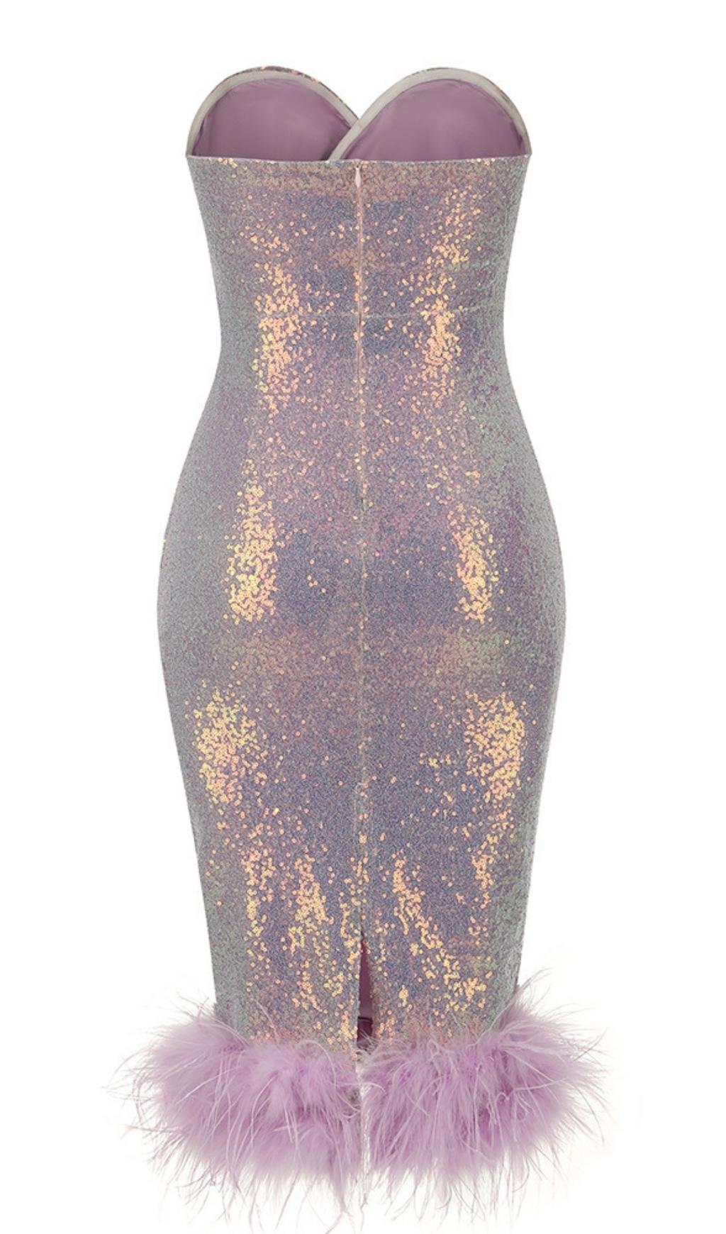 FEATHER SEQUIN MIDI DRESS IN PURPLE Dresses styleofcb