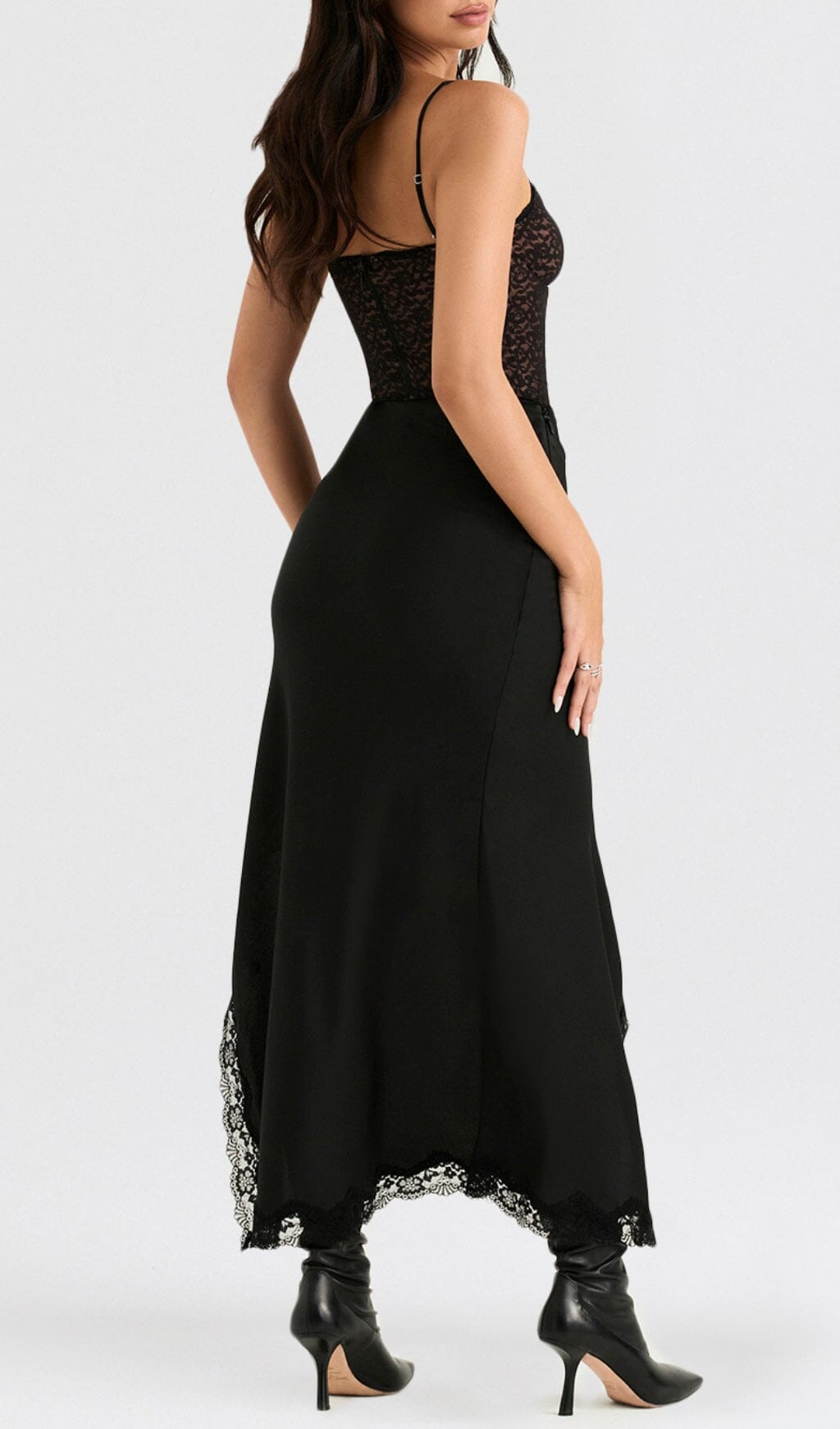 RUBY BLACK SATIN LACE TRIM TWO PIECE MIDI DRESS