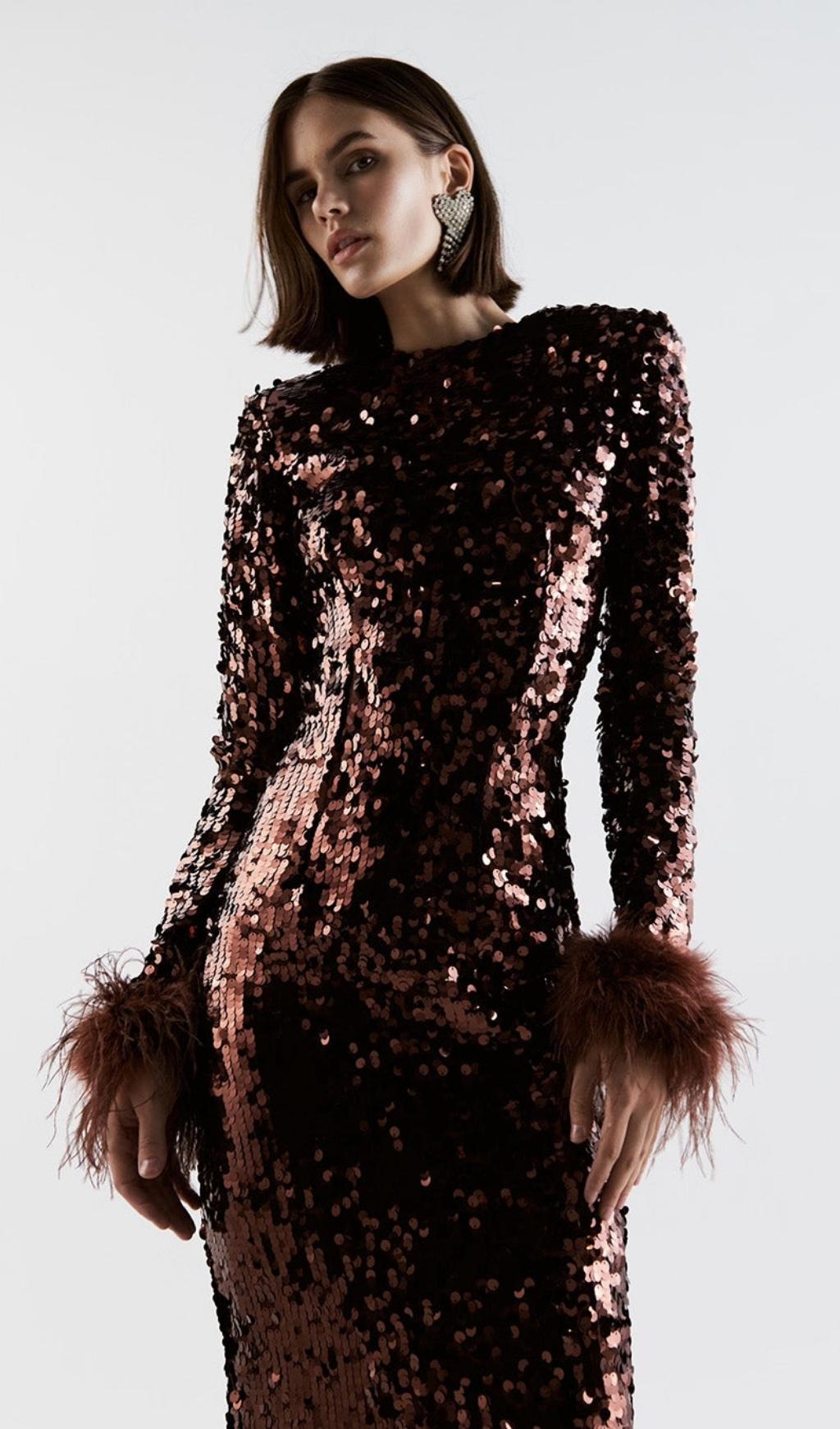 SEQUIN FEATHER LONG SLEEVES MIDI DRESS styleofcb