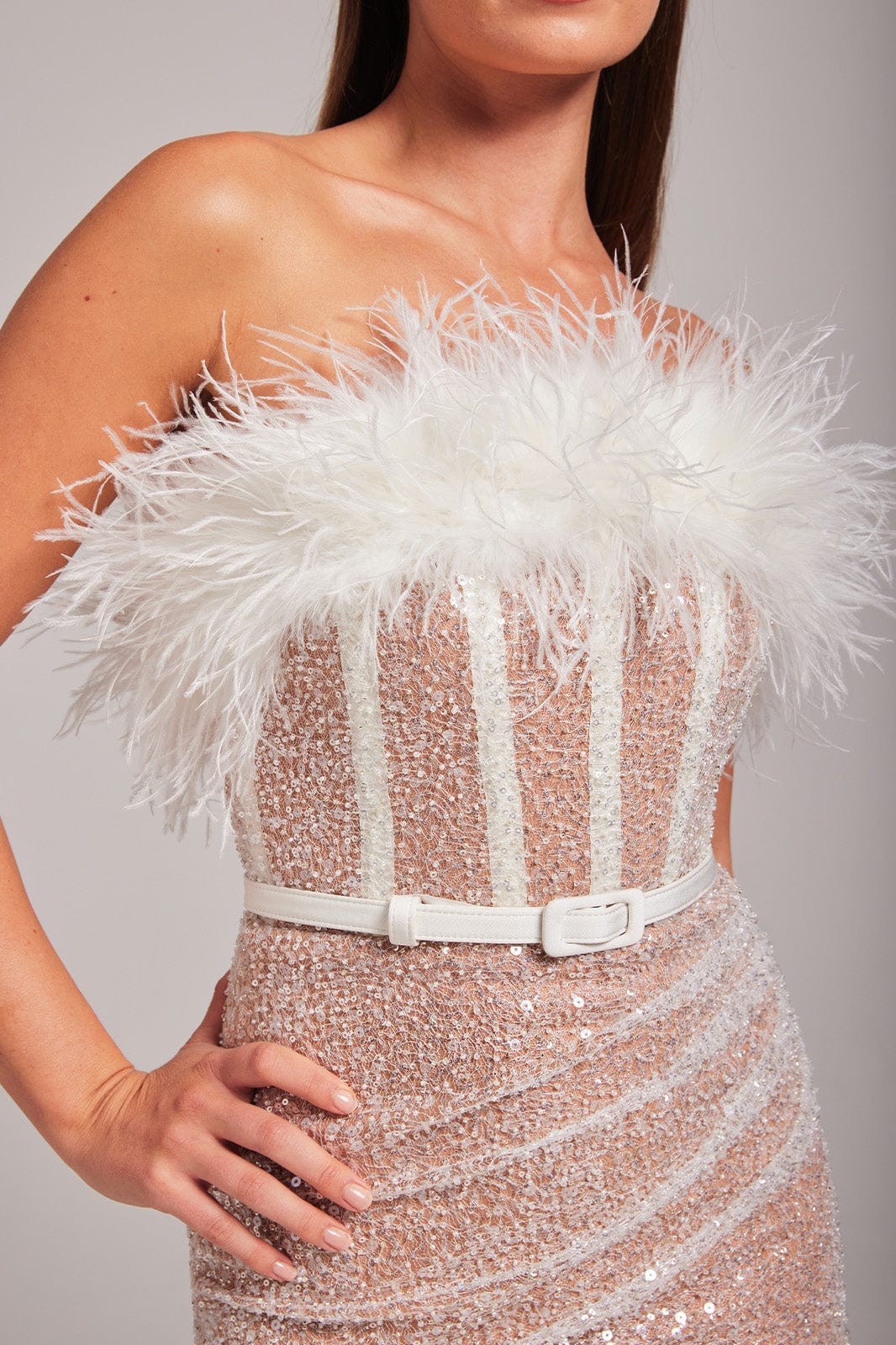 STRAPLESS SEQUIN FEATHER MINI DRESS Dresses styleofcb
