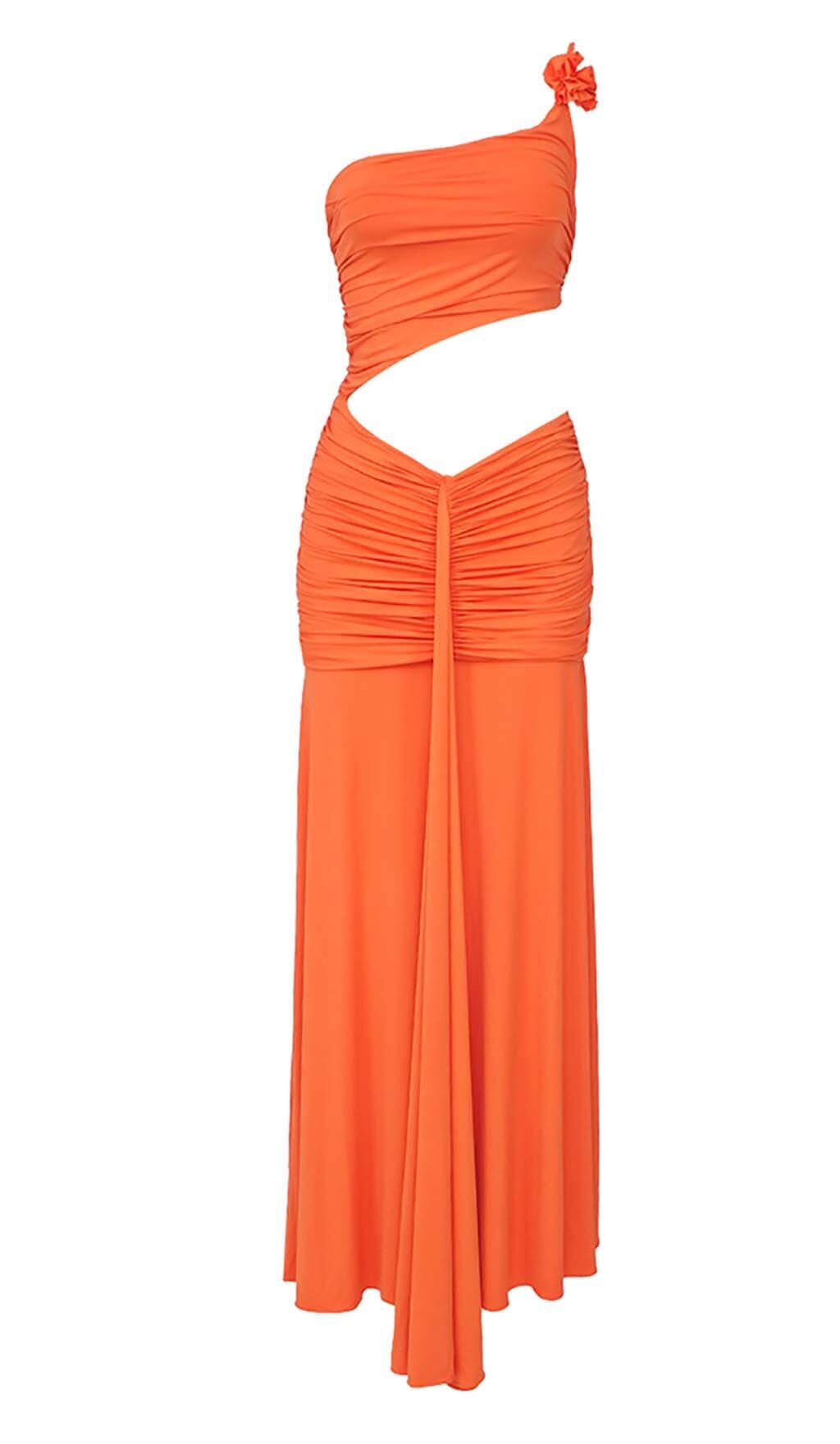 ASYMMETRIC RUCHED JERSEY MAXI DRESS IN ORANGE DRESS sis label