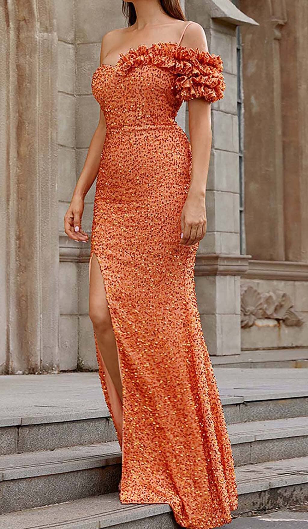 ASYMMETRIC SEQUIN MAXI DRESS IN ORANGE DRESS sis label