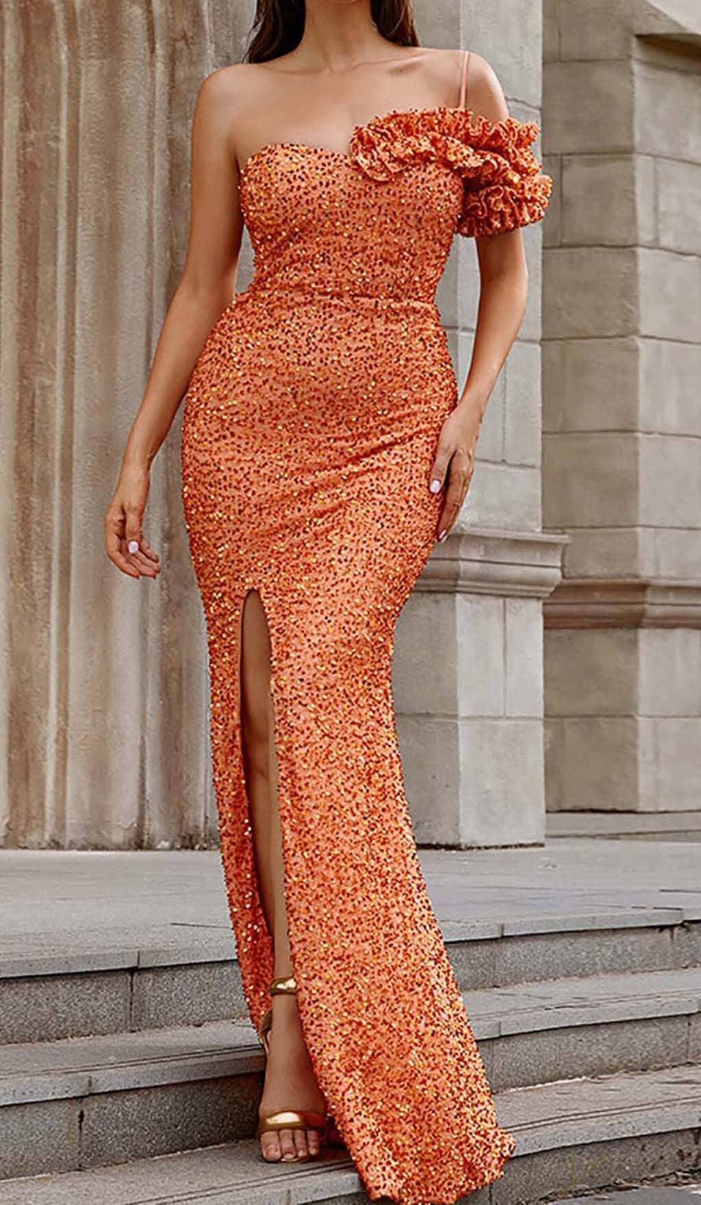 ASYMMETRIC SEQUIN MAXI DRESS IN ORANGE DRESS sis label