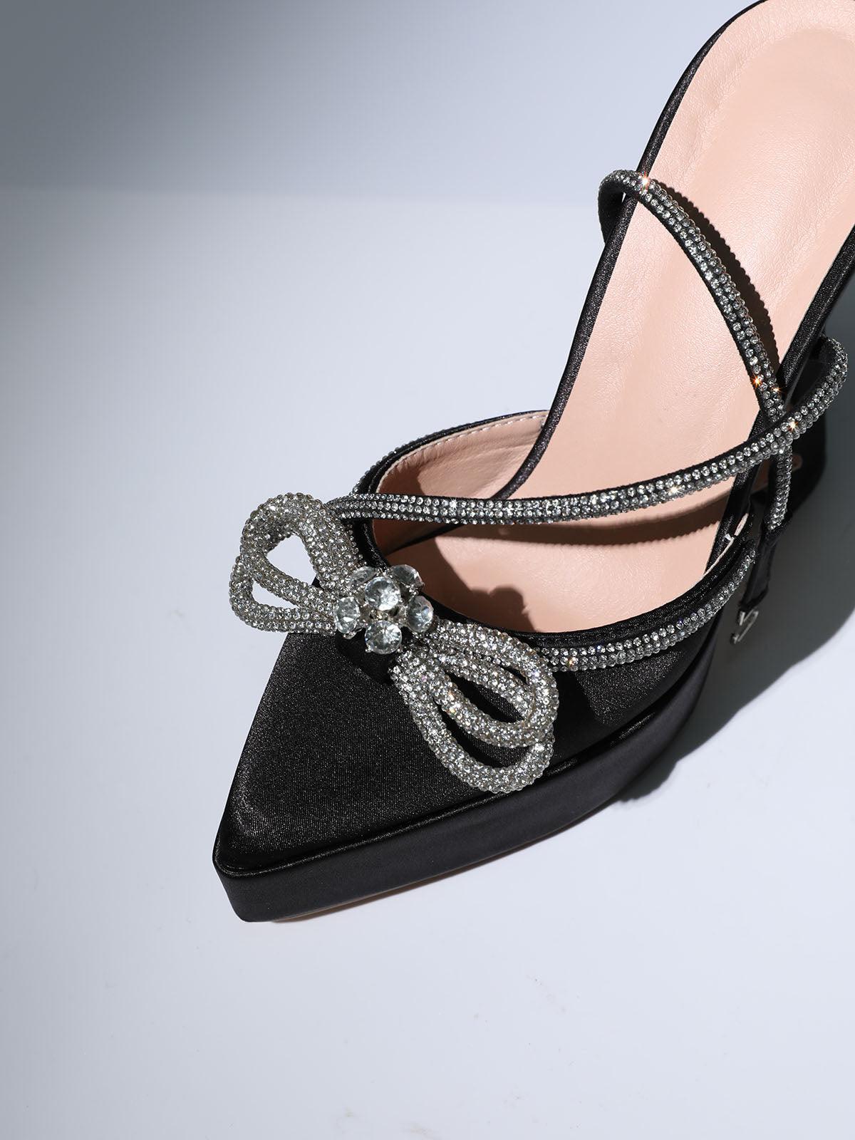 BOW CRYSTAL SATIN HEELS IN BLACK