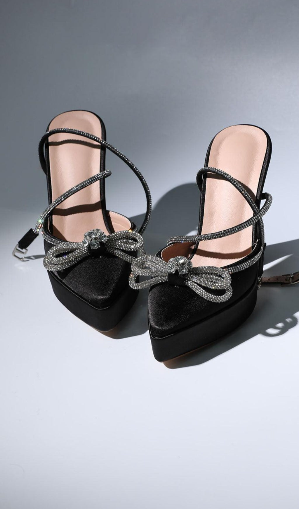 BOW CRYSTAL SATIN HEELS IN BLACK