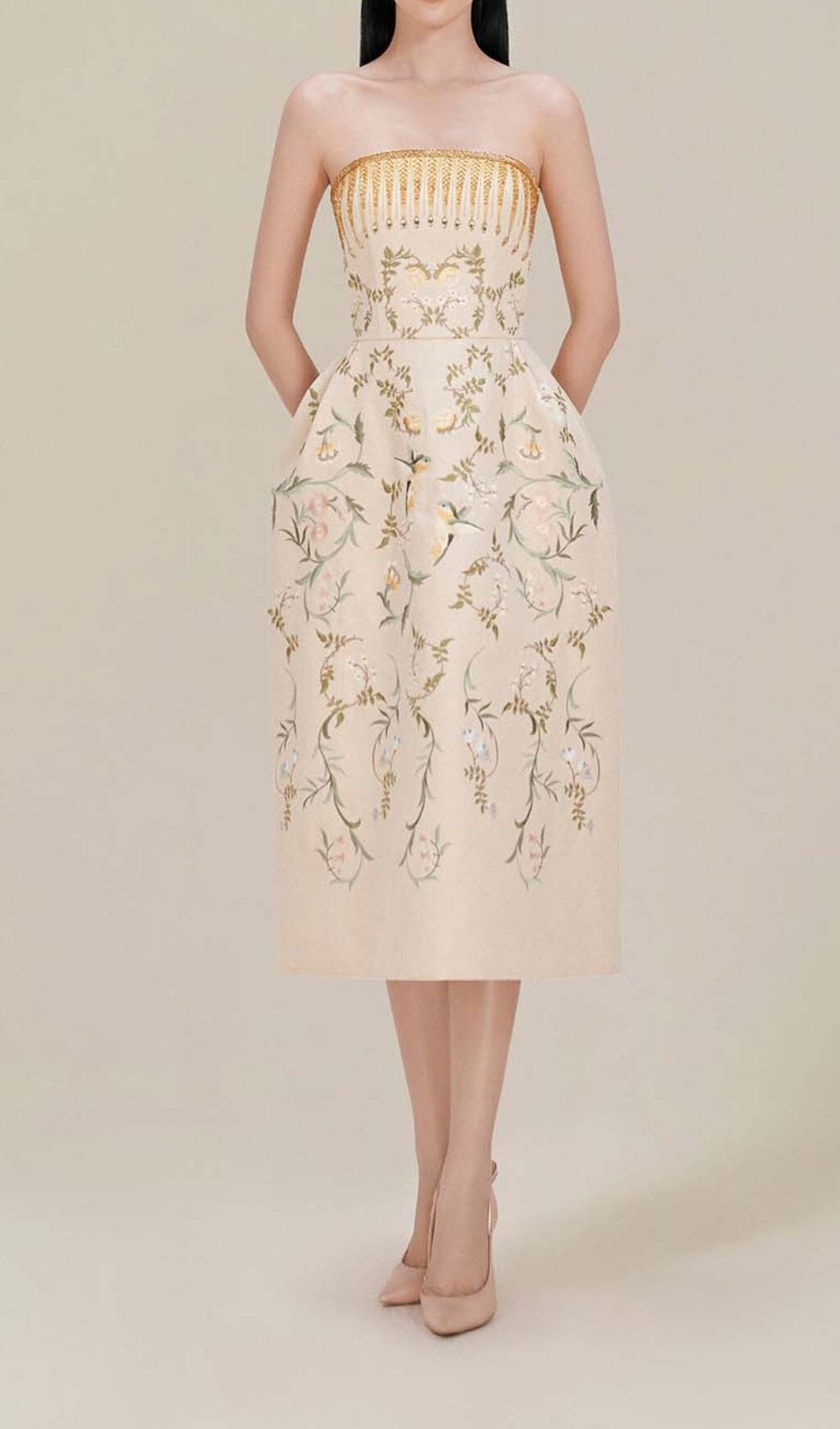 BANDEAU PRINTED JUNGLE MIDI DRESS IN BEIGE DRESS STYLE OF CB