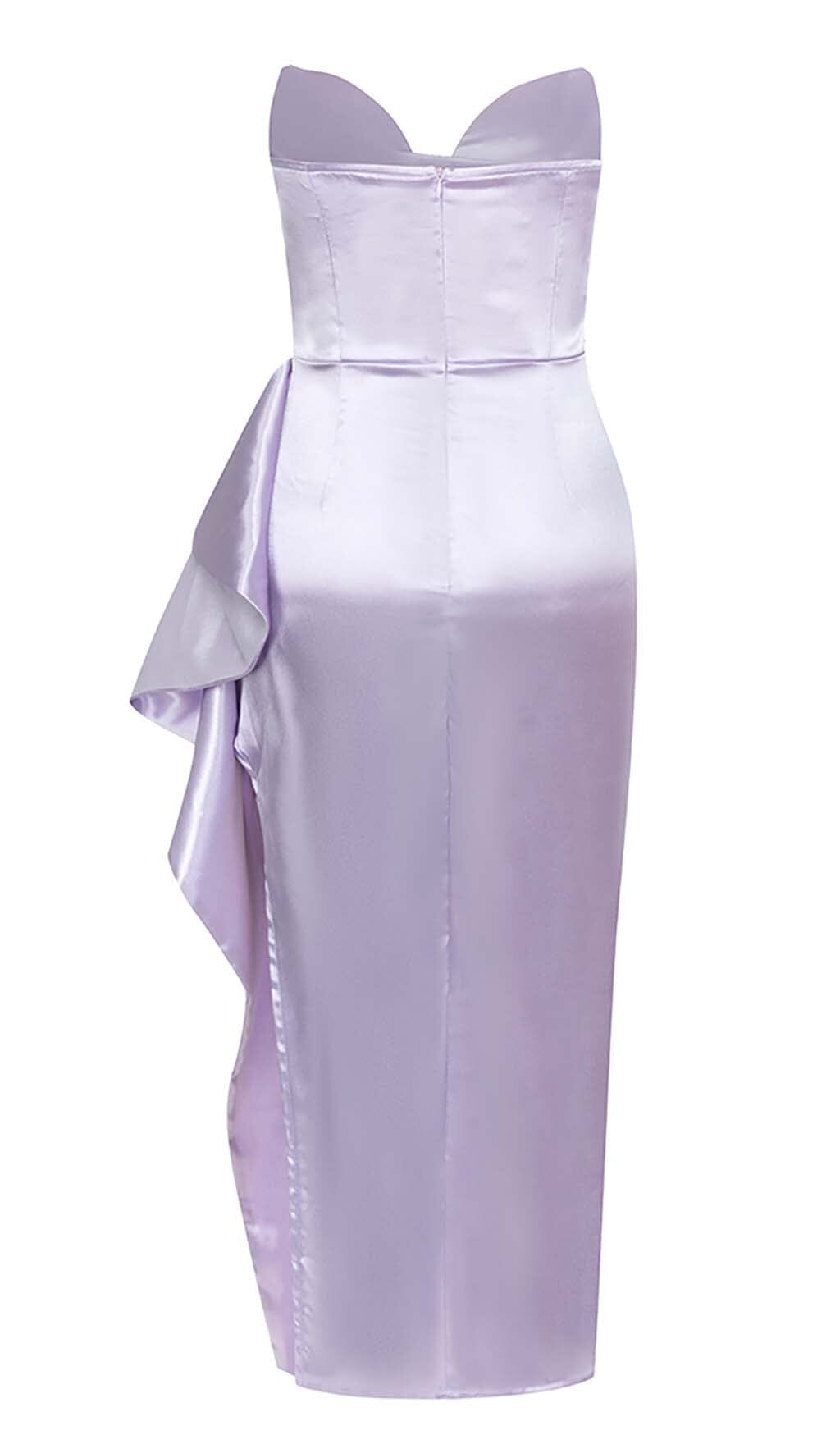 BANDEAU RUCHED SATIN MIDI DRESS IN LILAC DRESS STYLE OF CB