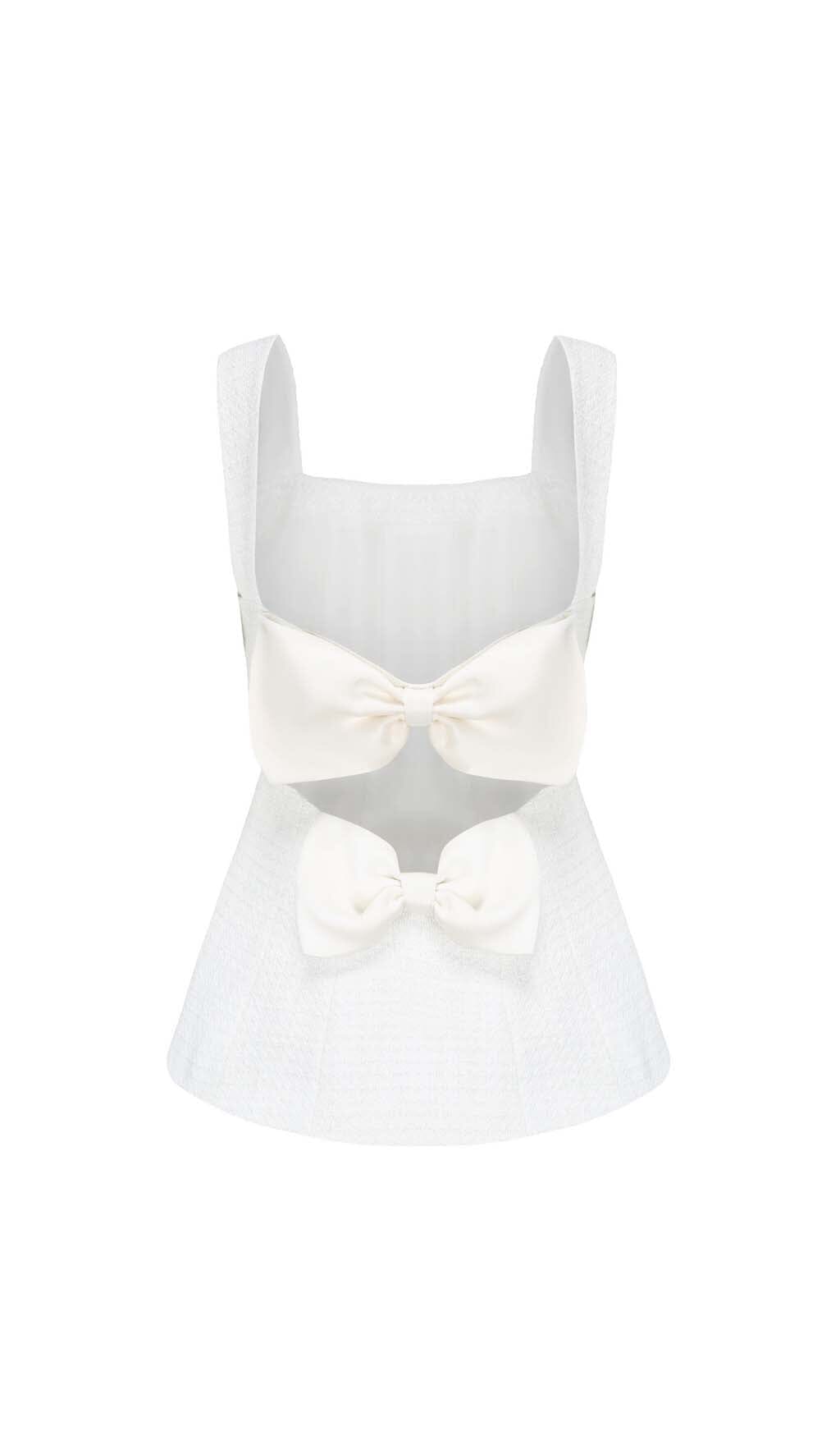 BOW-EMBELLISHED RHINESTONE MINI DRESS IN WHITE