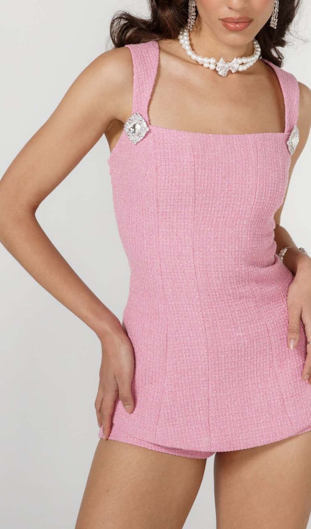 BOW-EMBELLISHED RHINESTONE MINI DRESS IN PINK