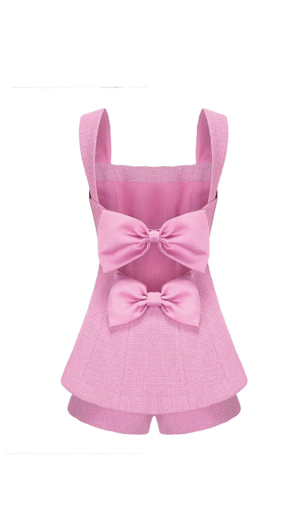 BOW-EMBELLISHED RHINESTONE MINI DRESS IN PINK