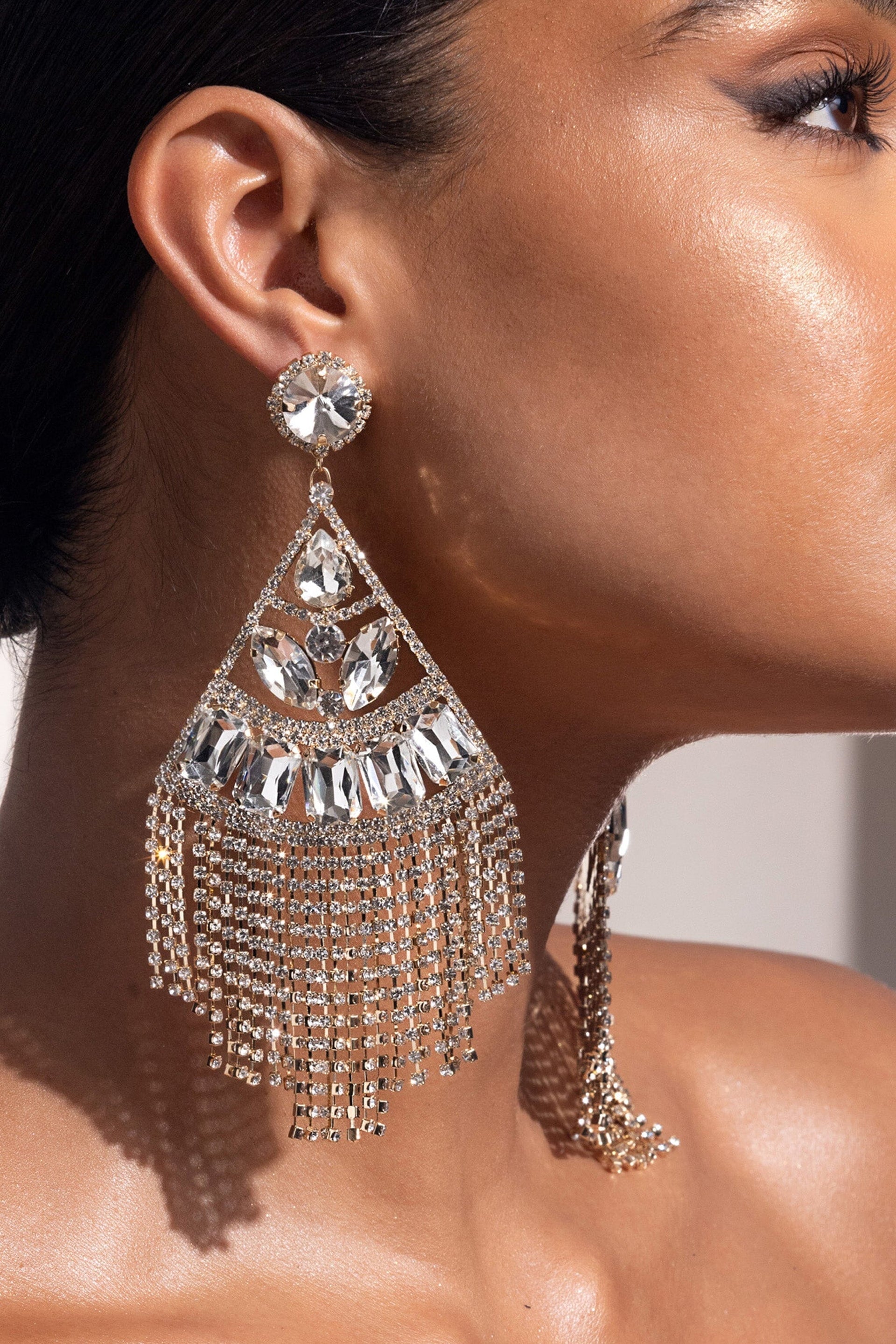 GOLD STATEMENT CRYSTAL DROP TASSEL EARRINGS JEWELLERY styleofcb