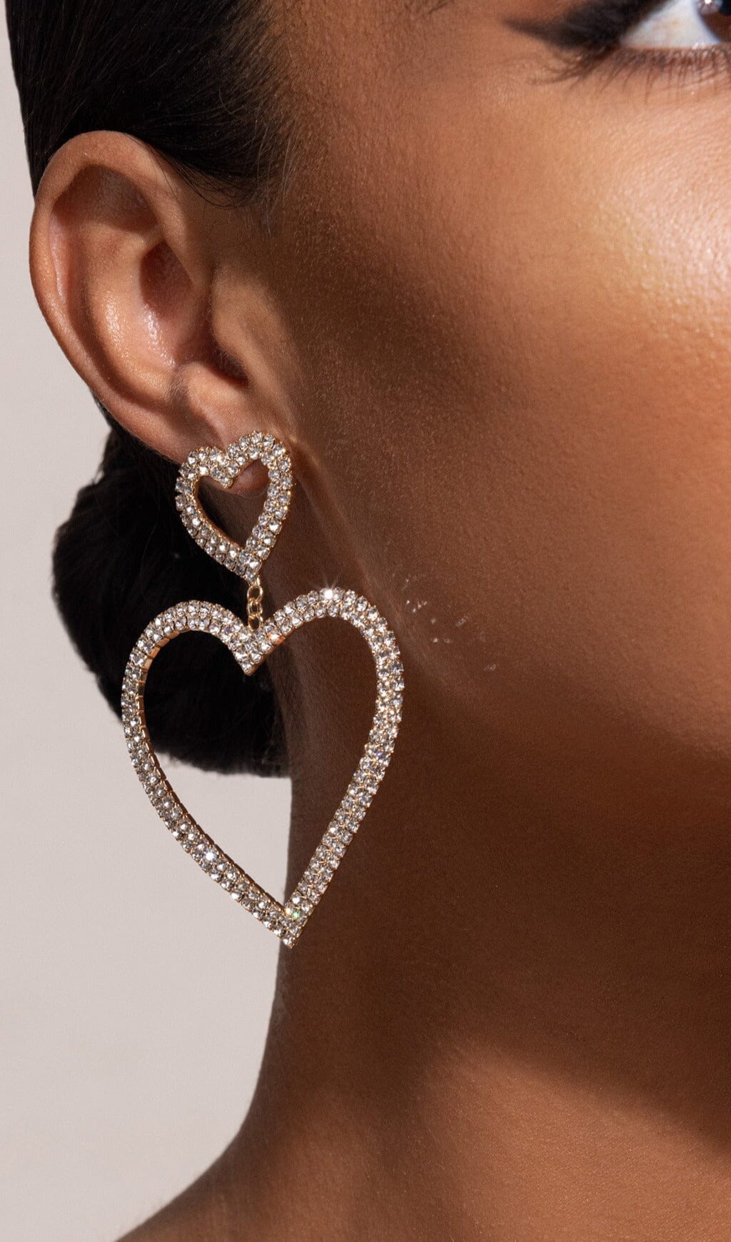 GOLD DIAMANTE HEART SHAPE DROP EARRINGS JEWELLERY styleofcb