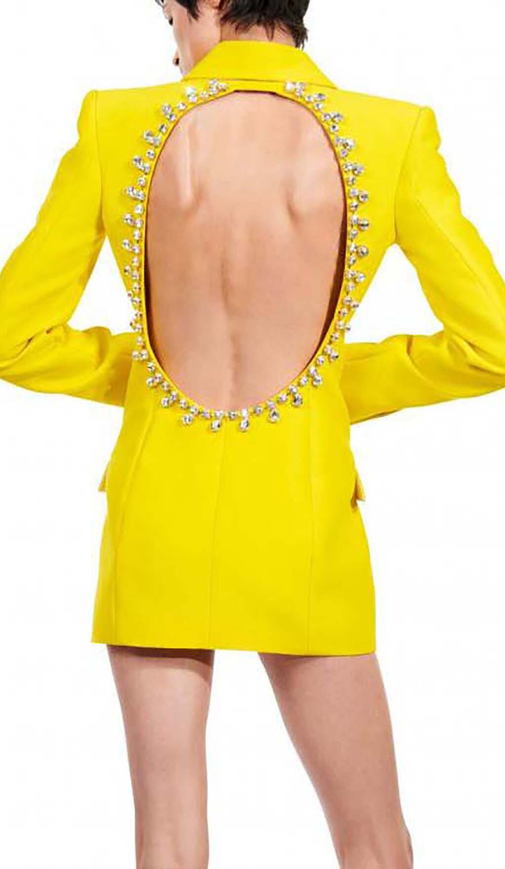 CRYSTAL OPEN BACK JACKET DRESS IN YELLOW DRESS STYLE OF CB