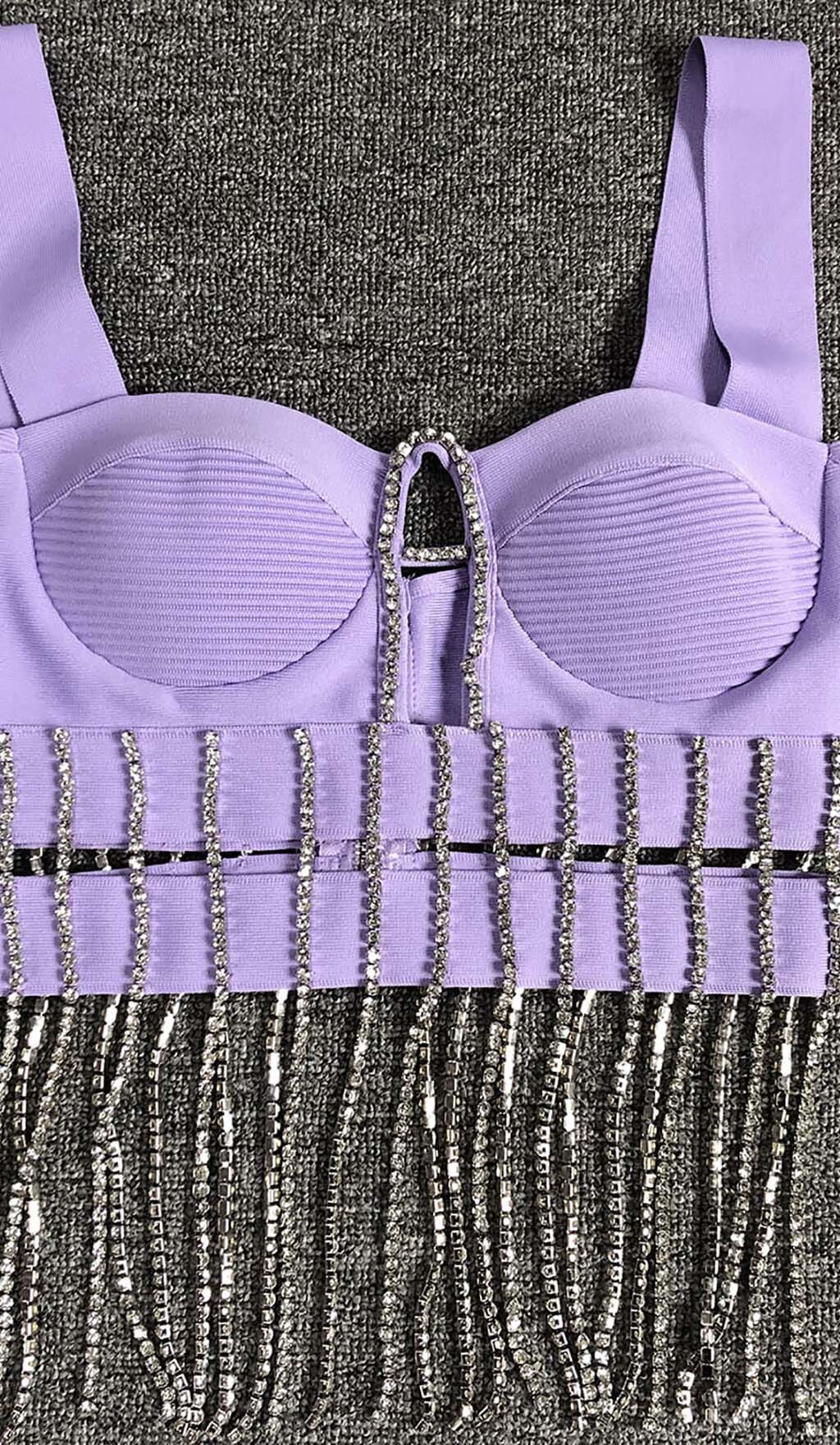 CRYSTAL TASSEL BANDAGE MINI DRESS IN PURPLE DRESS STYLE OF CB