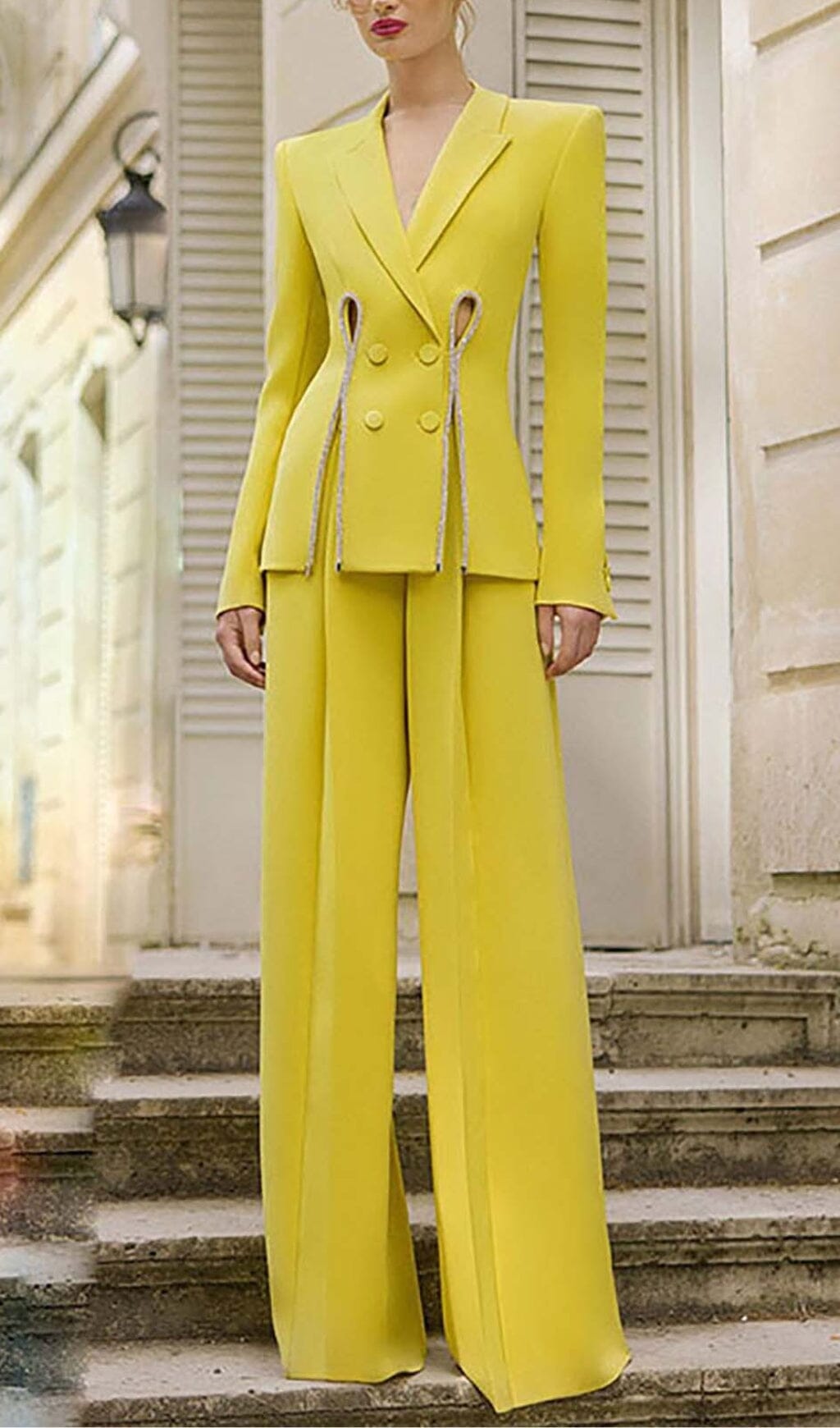 CRYSTAL TRIM CUTOUT JACKET SUIT IN YELLOW sis label
