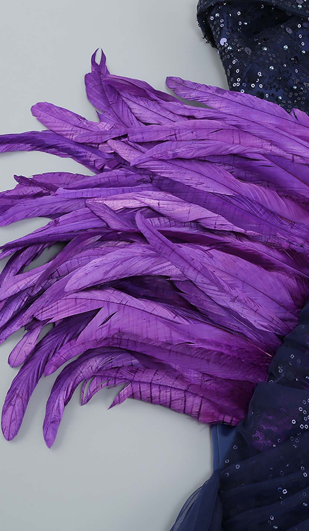 FEATHER SEQUIN MIDI DRESS IN PURPLE DRESS STYLE OF CB