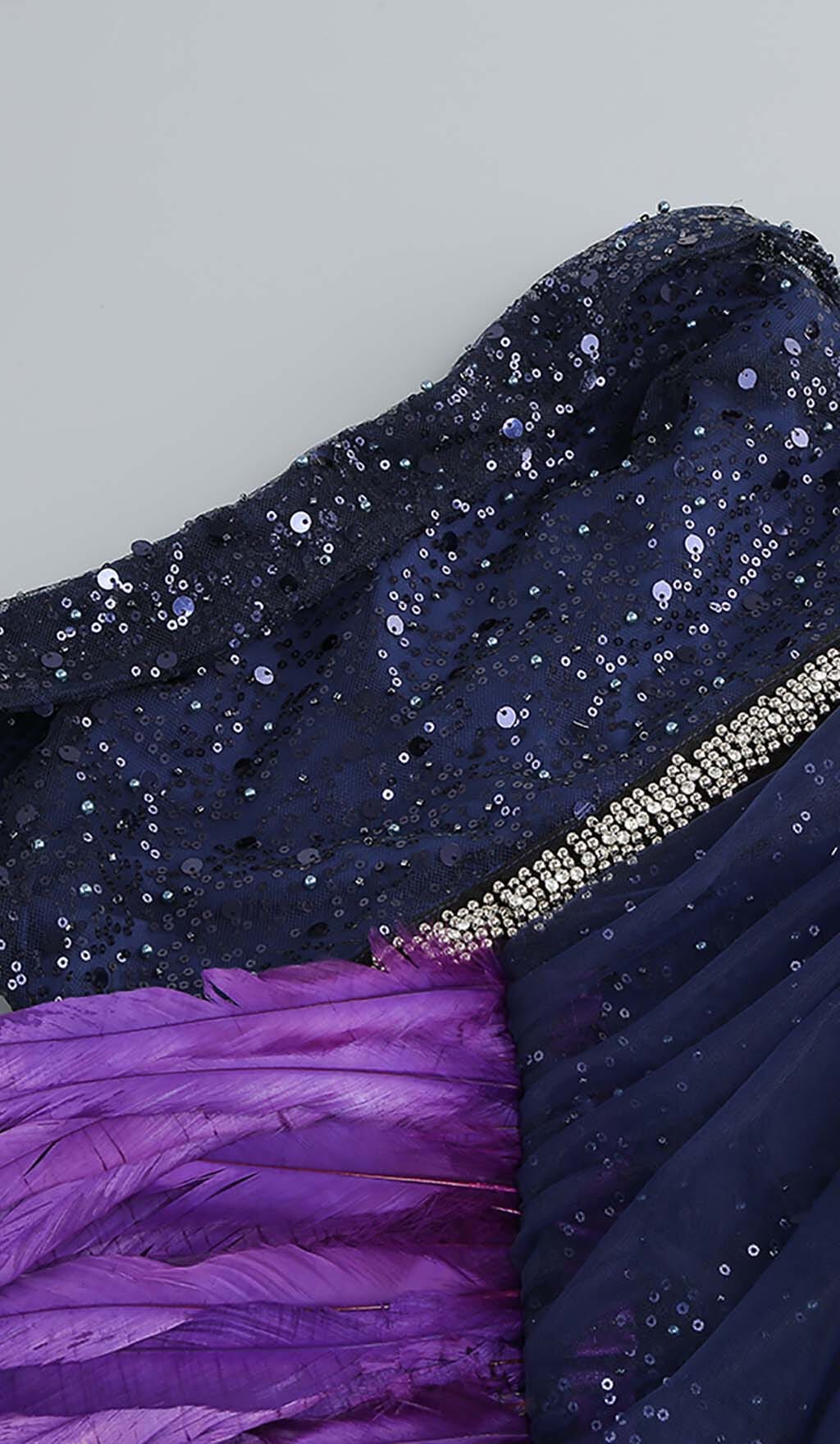 FEATHER SEQUIN MIDI DRESS IN PURPLE DRESS STYLE OF CB