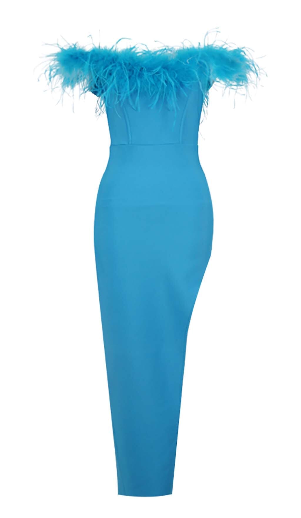 FEATHER TRIM OFF THE SHOULDER HIGH LOW DRESS IN BLUE DRESS sis label