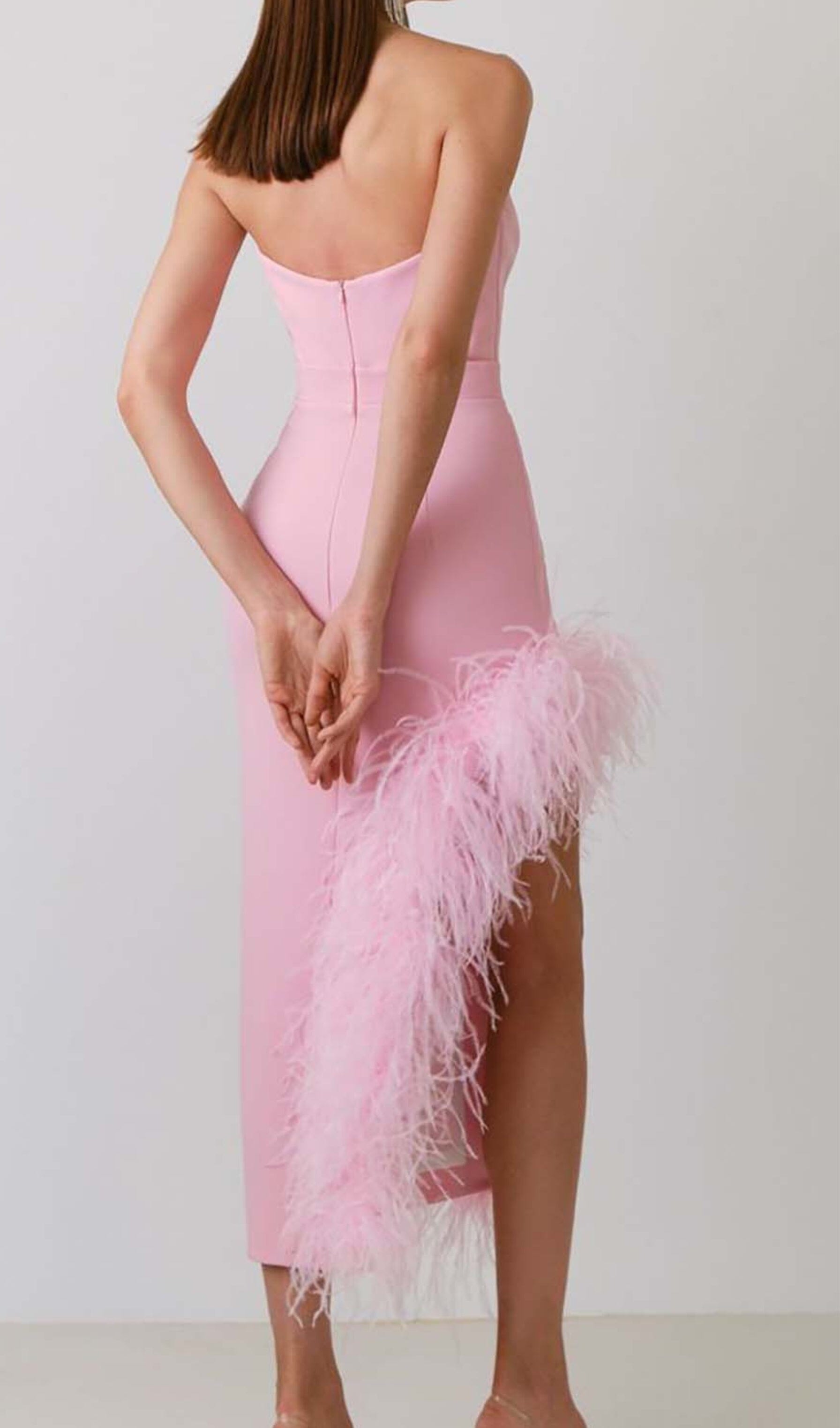 FEATHER TRIM SPLIT MIDI DRESS IN BUBBLEGUM DRESS styleofcb
