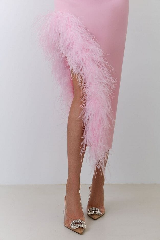 FEATHER TRIM SPLIT MIDI DRESS IN BUBBLEGUM DRESS styleofcb