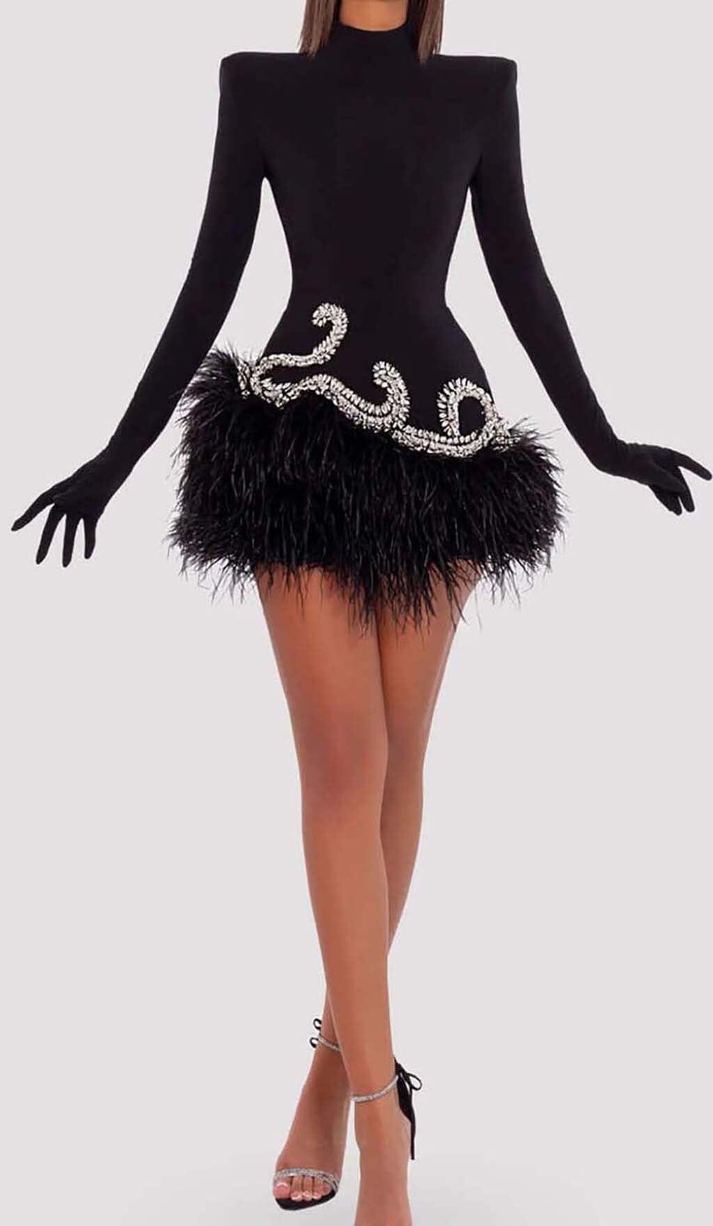 FEATHER VELVET GLOVES MINI DRESS IN BLACK DRESS sis label