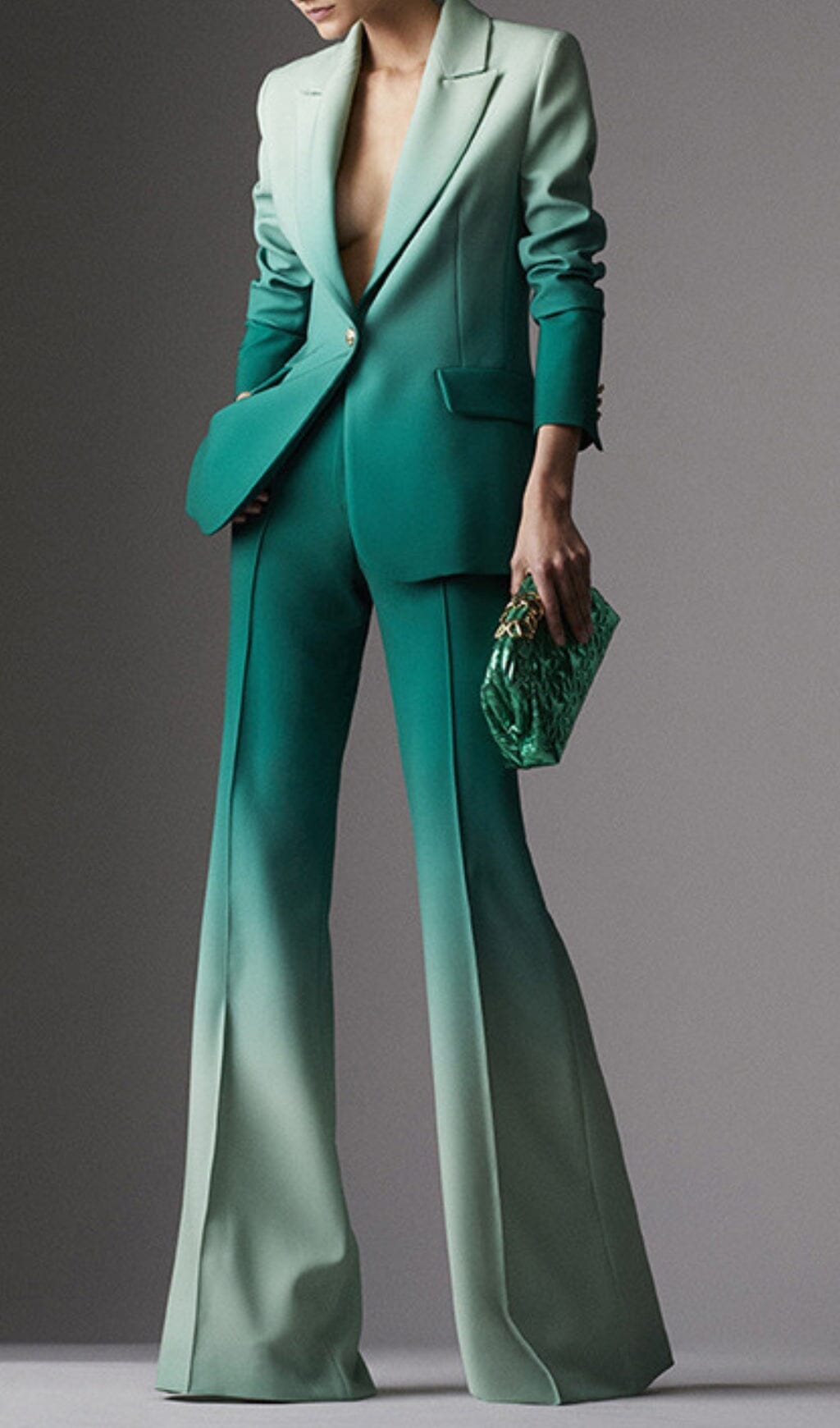 FLARE TROUSERS JACKET SUIT IN OMBRE GREEN DRESS STYLE OF CB