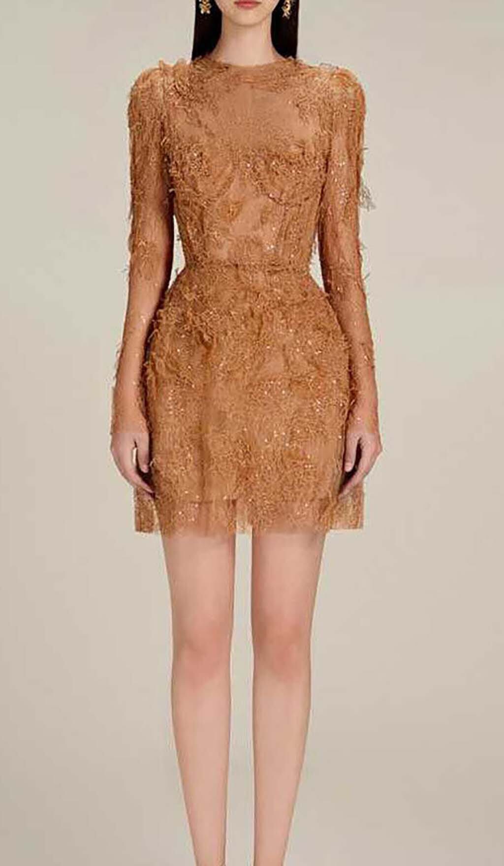 FLORAL AND RAMAGE EMBROIDERY MIDI DRESS IN BROWN DRESS STYLE OF CB