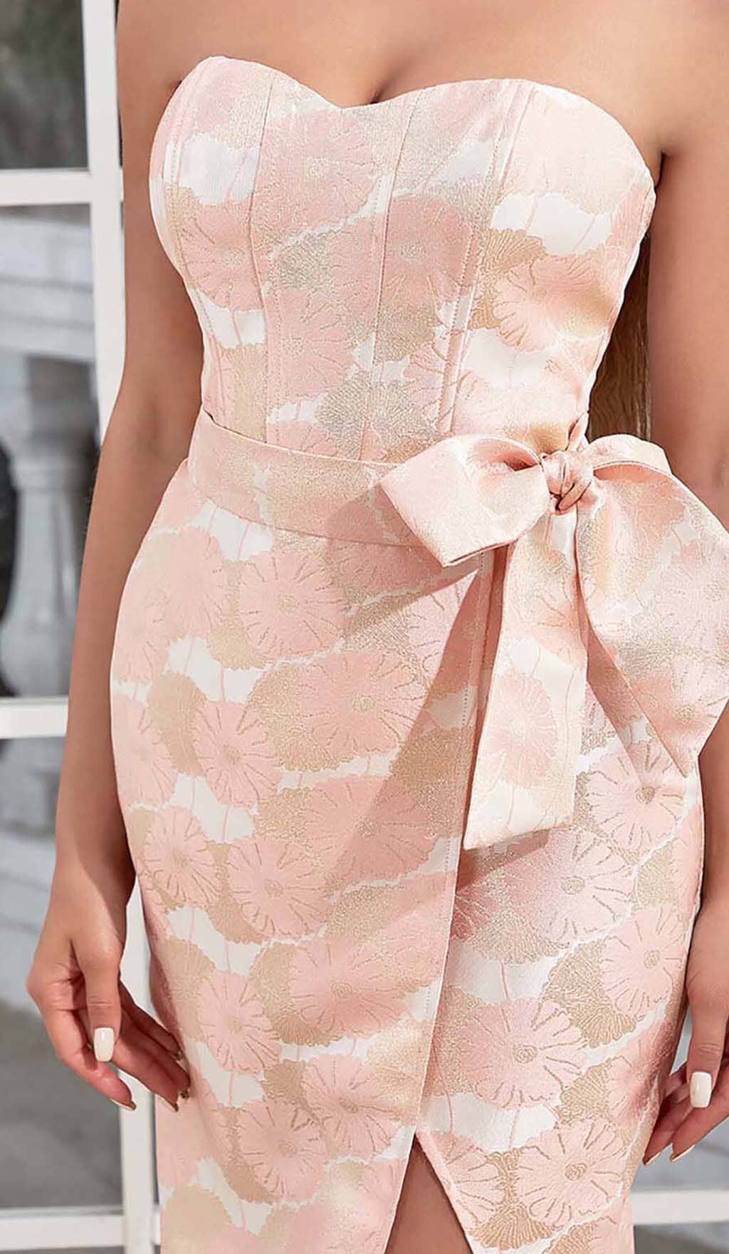 FLORAL CROSS KNOT SPLIT MIDI DRESS IN PINK DRESS STYLE OF CB