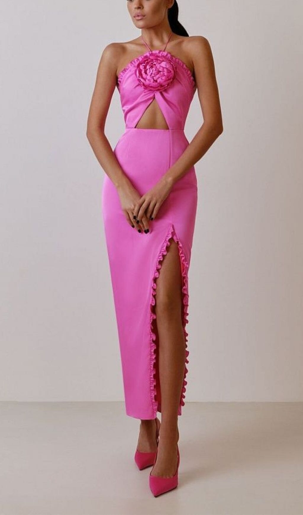 FLORAL EMBELLISHED SLIT MIDI DRESS IN PINK