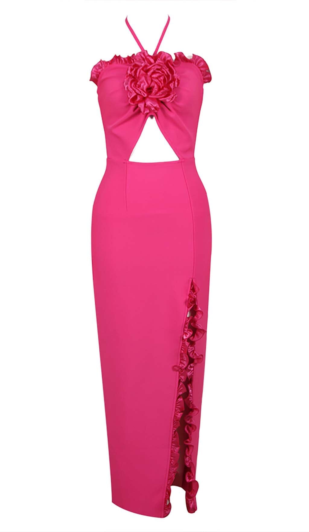 FLORAL EMBELLISHED SLIT MIDI DRESS IN PINK